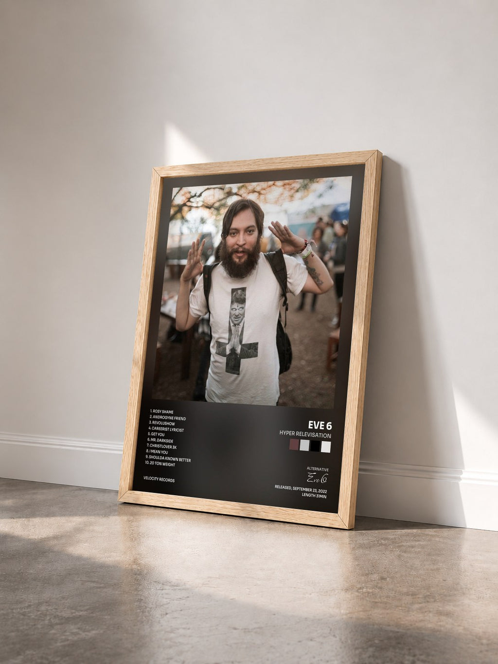 #bois Tableau de l'album hyper relevisation de Eve 6 vu de trois quarts, cadre en bois brut