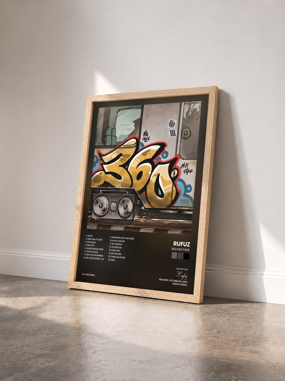 #bois Tableau de l'album 360 Mixtape de Rufuz vu de trois quarts, cadre en bois brut