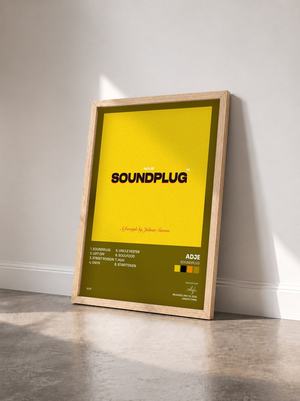 #bois Tableau de l'album soundplug de Adje vu de trois quarts, cadre en bois brut