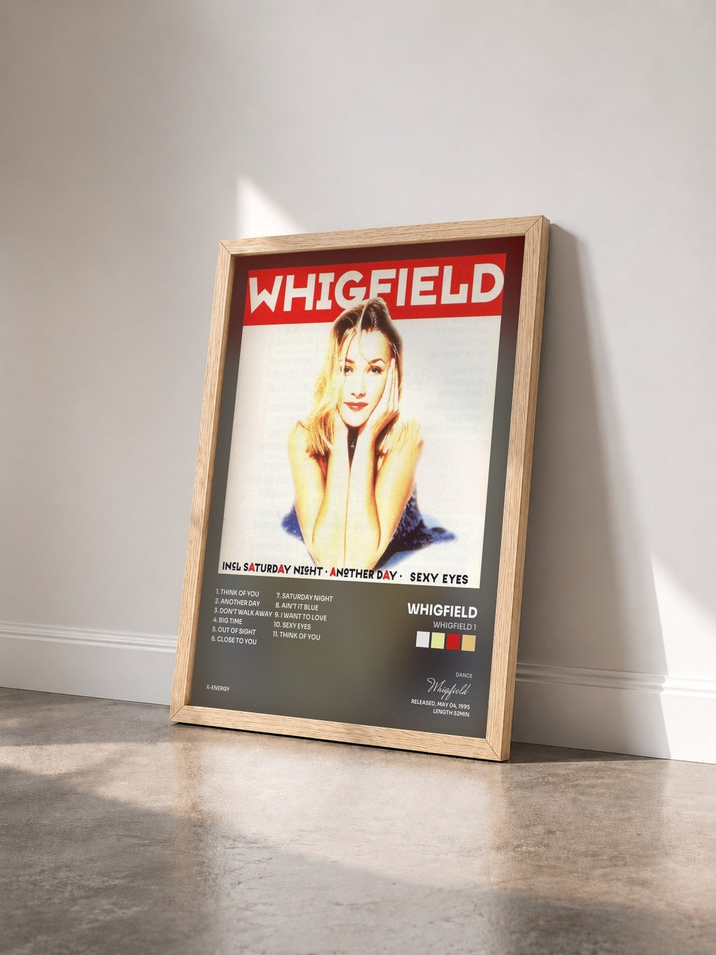 #bois Tableau de l'album Whigfield 1 de Whigfield vu de trois quarts, cadre en bois brut