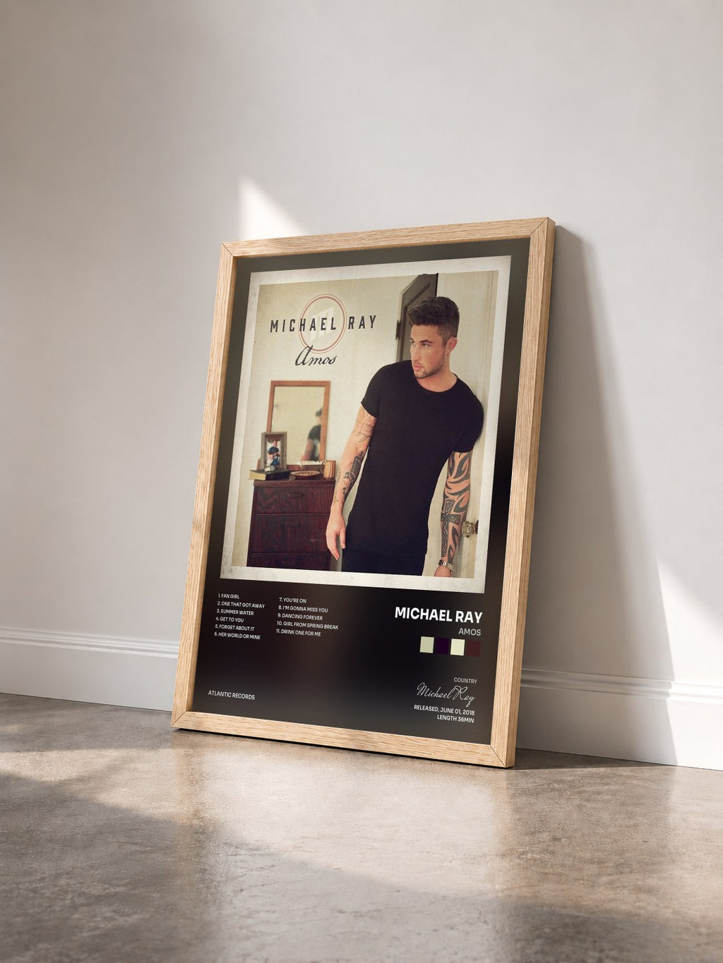 #bois Tableau de l'album Amos de Michael Ray vu de trois quarts, cadre en bois brut