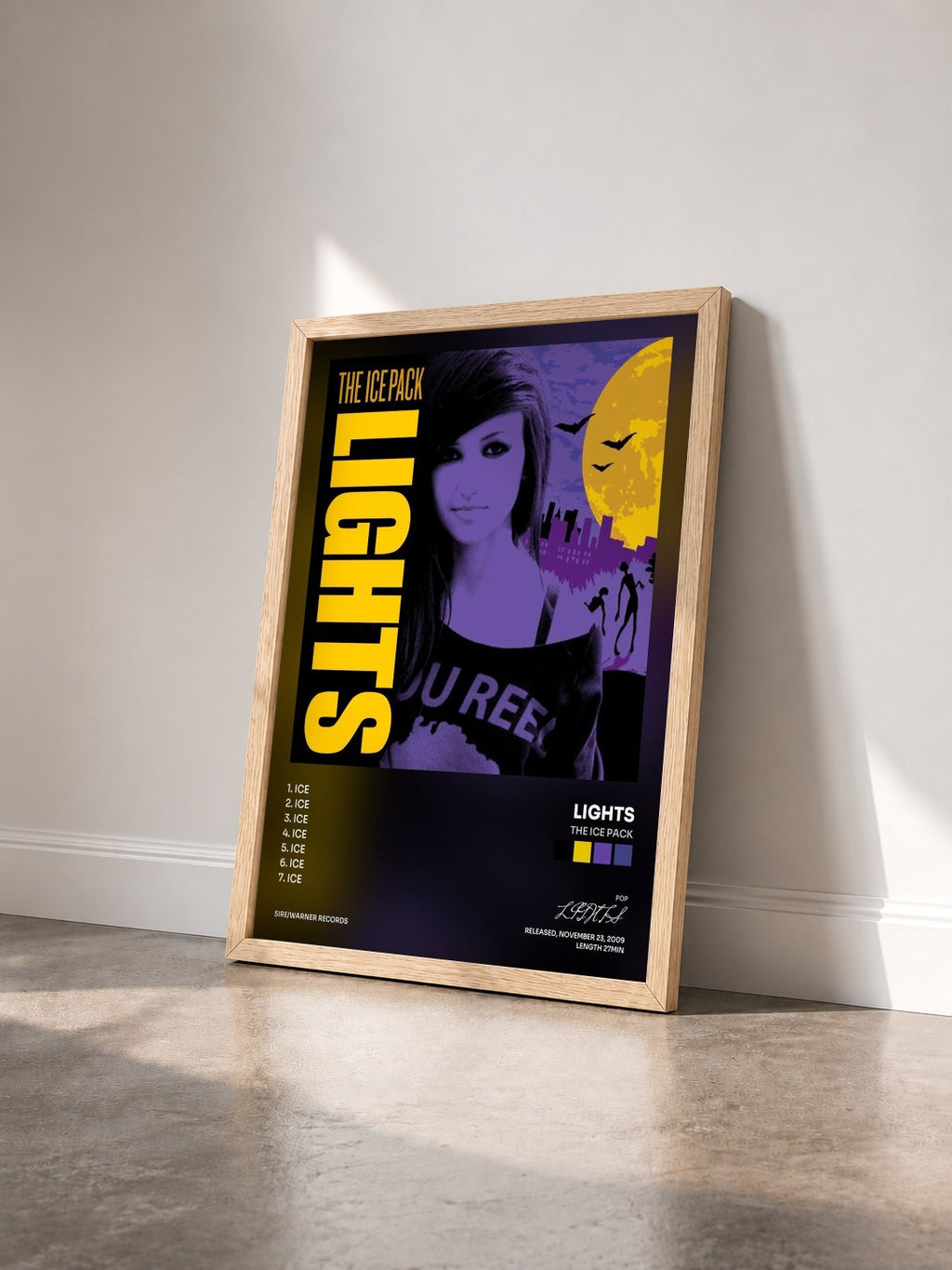 #bois Tableau de l'album The Ice Pack de LIGHTS vu de trois quarts, cadre en bois brut