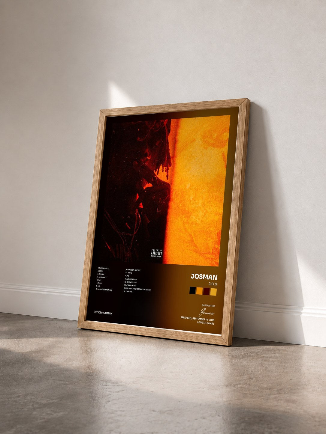 #bois Tableau de l'album J.O.$ de Josman vu de trois quarts, cadre en bois brut