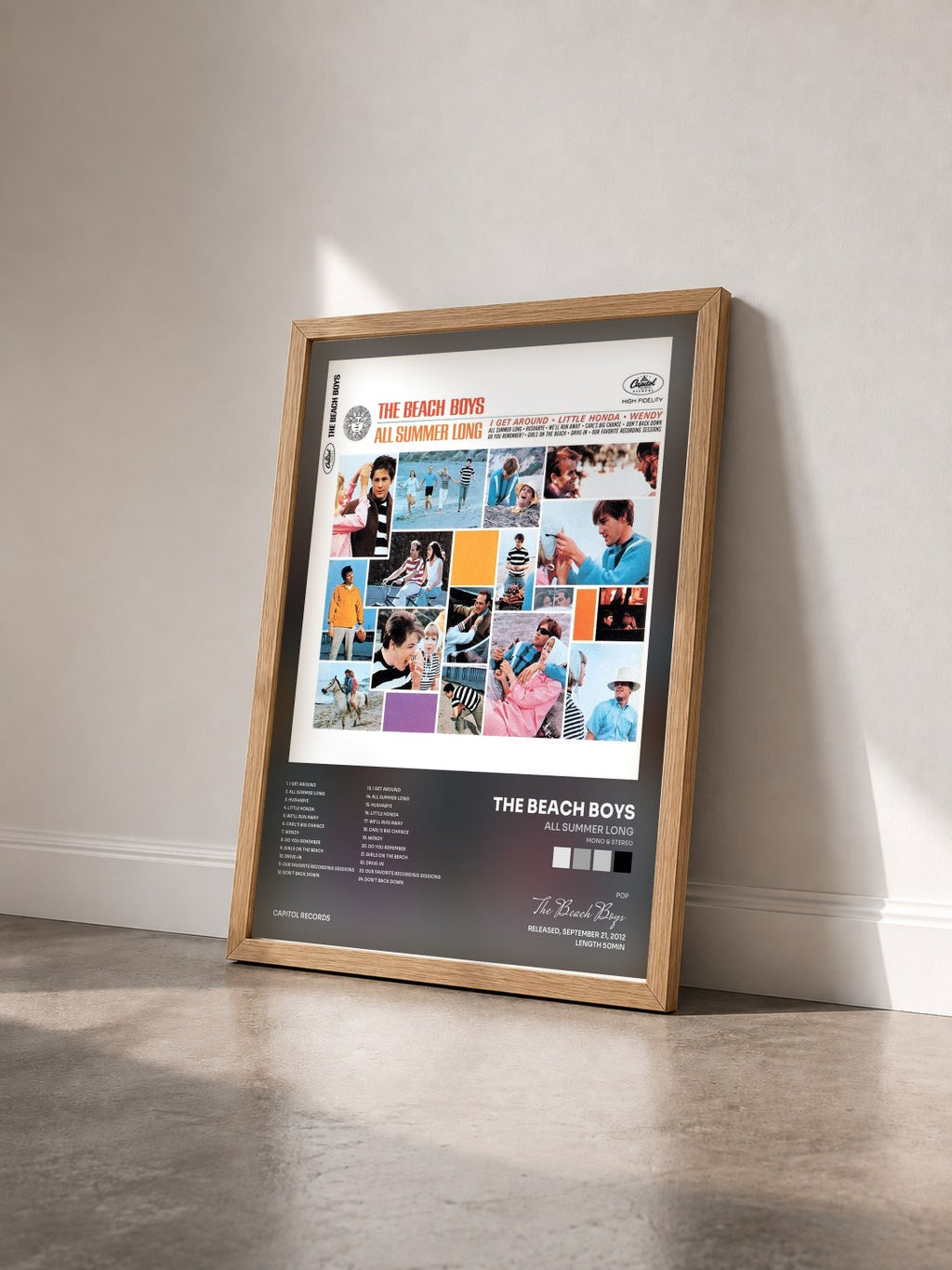 #bois Tableau de l'album All Summer Long (Mono & Stereo) de The Beach Boys vu de trois quarts, cadre en bois brut