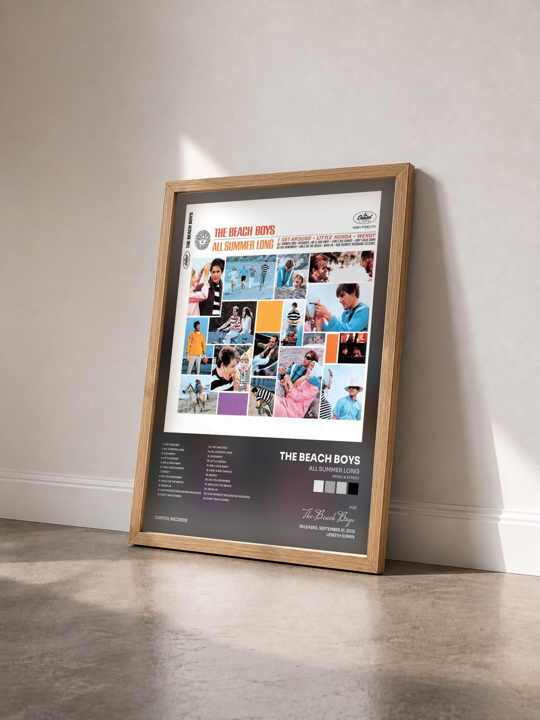 #bois Tableau de l'album All Summer Long (Mono & Stereo) de The Beach Boys vu de trois quarts, cadre en bois brut