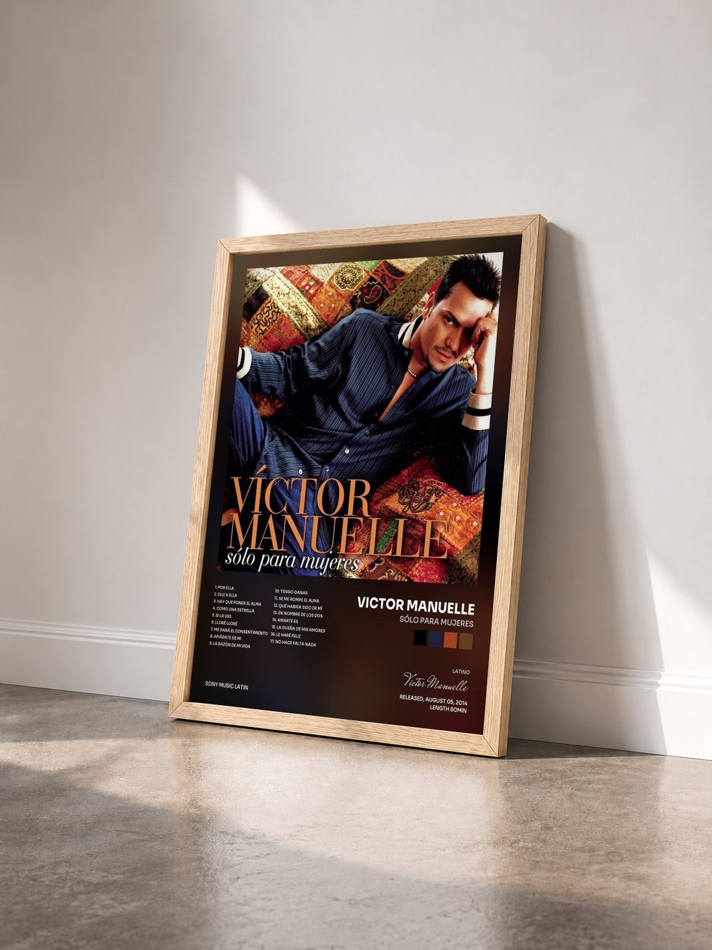 #bois Tableau de l'album Sólo para Mujeres de Victor Manuelle vu de trois quarts, cadre en bois brut
