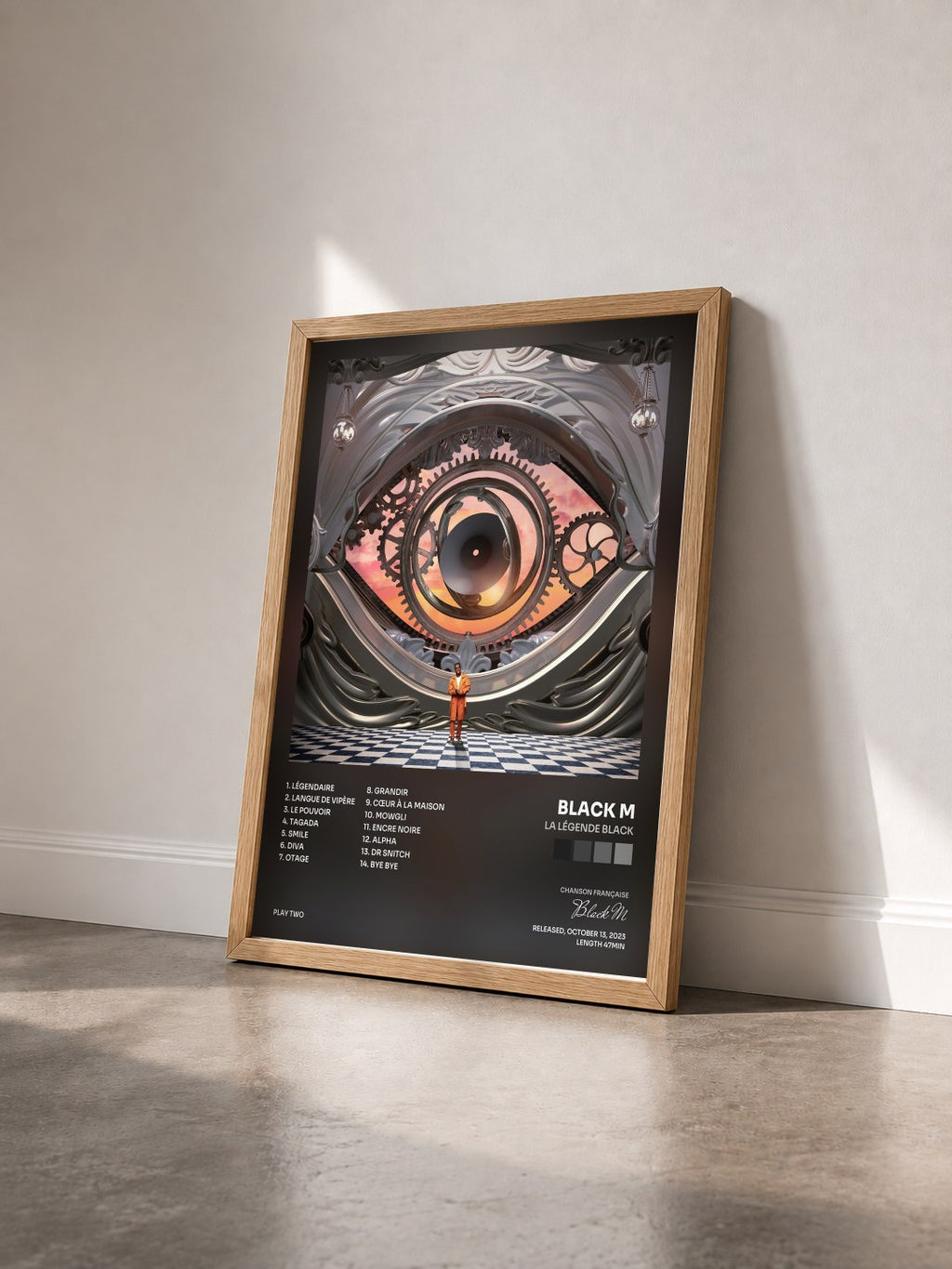 #bois Tableau de l'album La Légende Black de Black M vu de trois quarts, cadre en bois brut