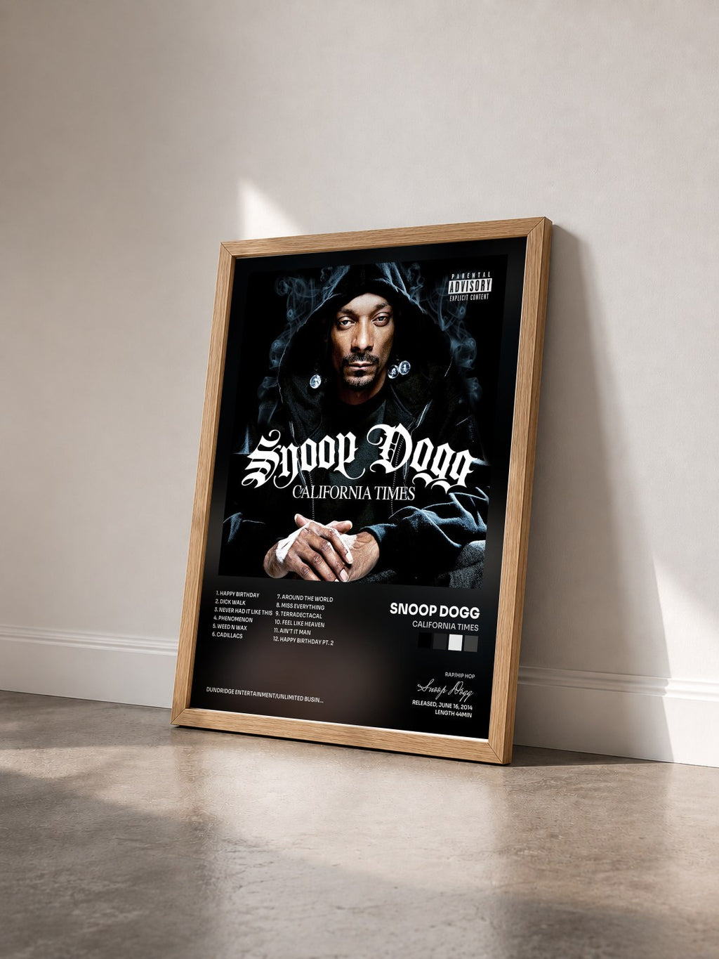 #bois Tableau de l'album California Times de Snoop Dogg vu de trois quarts, cadre en bois brut