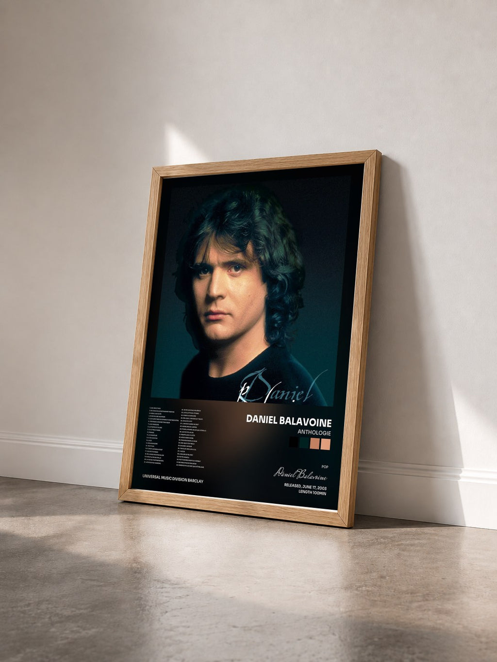 #bois Tableau de l'album Anthologie de Daniel Balavoine vu de trois quarts, cadre en bois brut