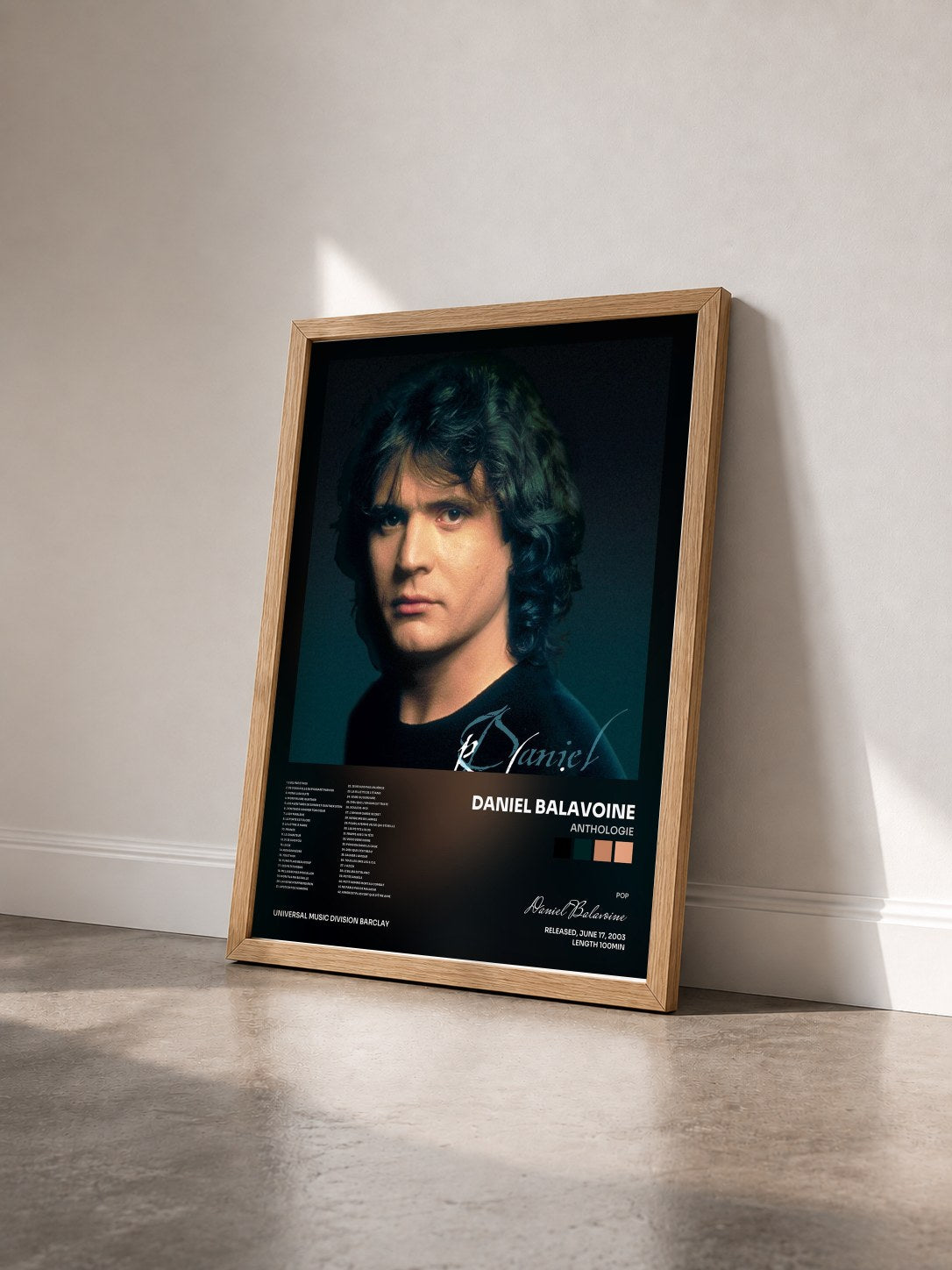 #bois Tableau de l'album Anthologie de Daniel Balavoine vu de trois quarts, cadre en bois brut