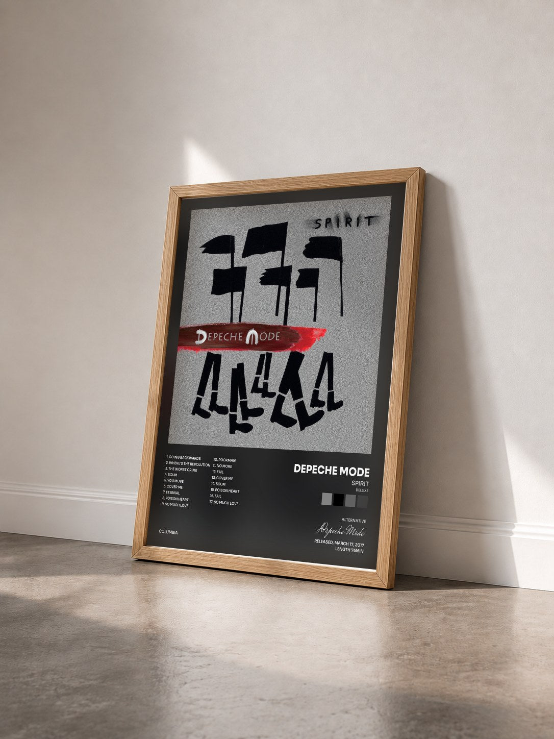 #bois Tableau de l'album Spirit (Deluxe) de Depeche Mode vu de trois quarts, cadre en bois brut