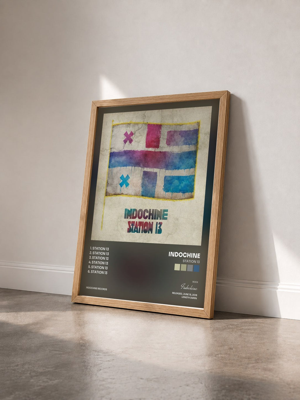#bois Tableau de l'album Station 13 de Indochine vu de trois quarts, cadre en bois brut