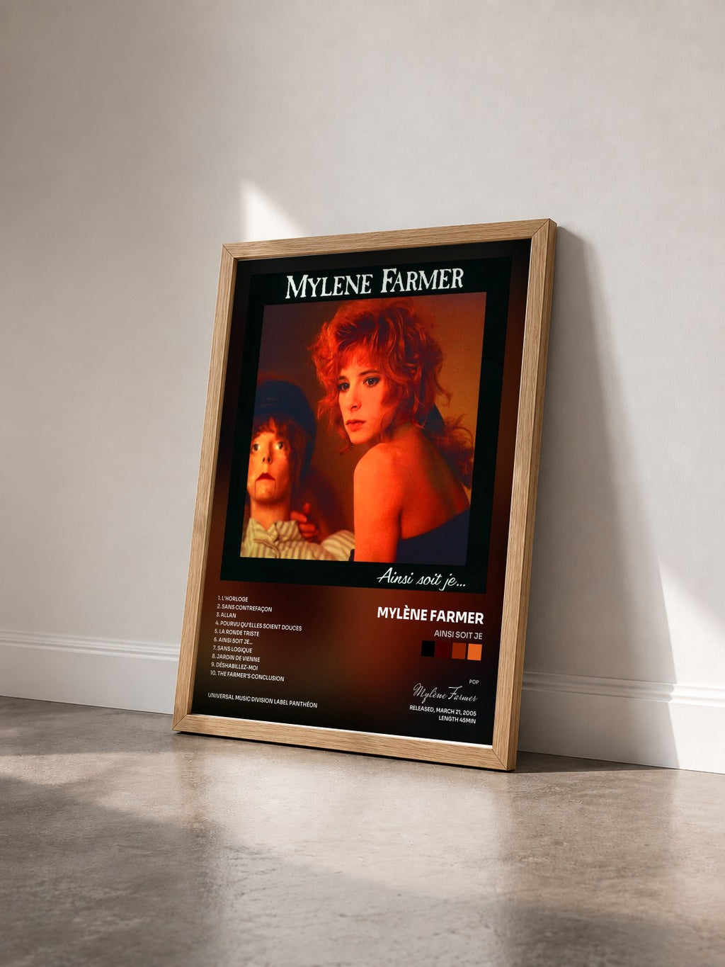 #bois Tableau de l'album Ainsi Soit Je de Mylène Farmer vu de trois quarts, cadre en bois brut