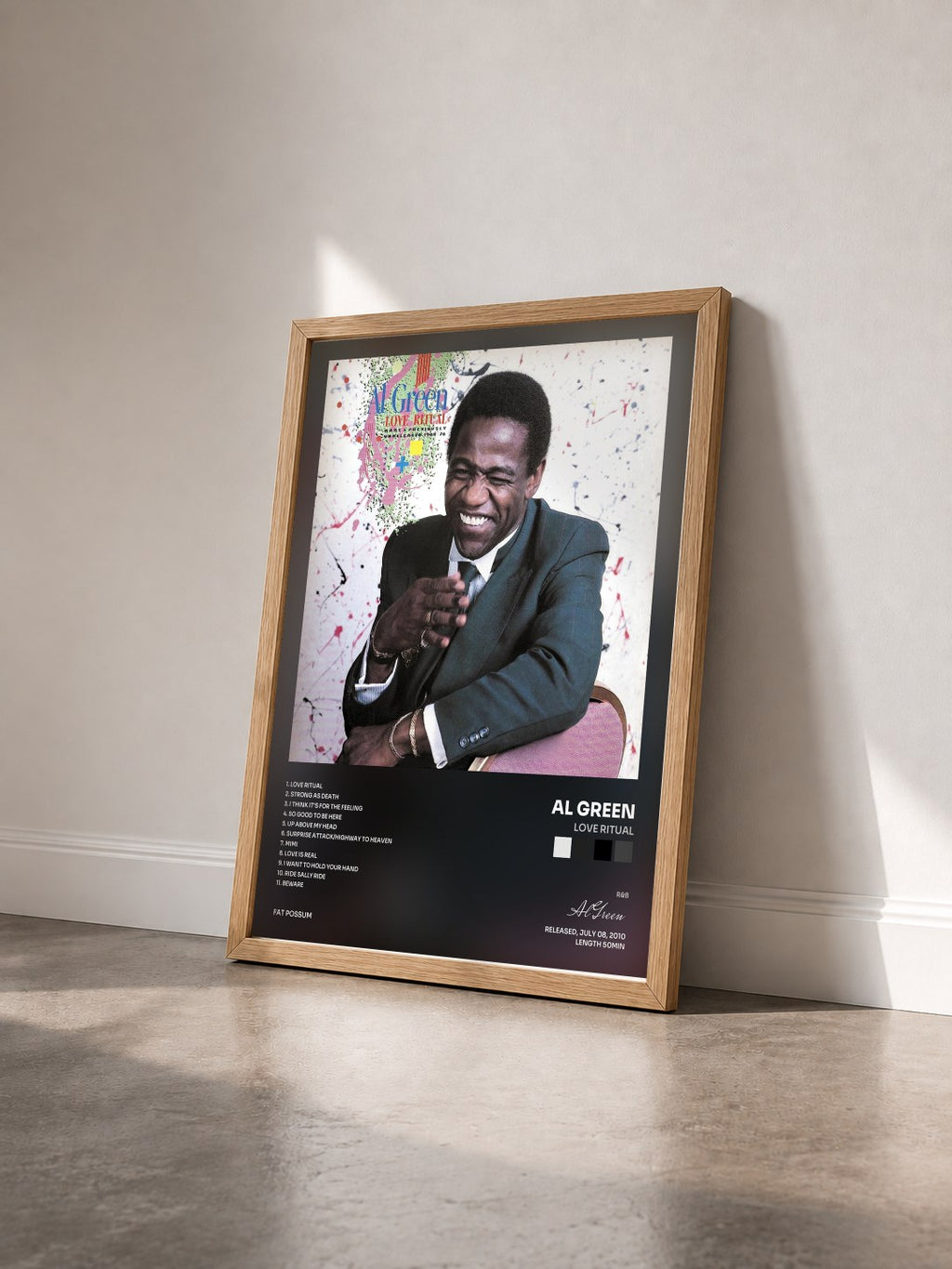 #bois Tableau de l'album Love Ritual de Al Green vu de trois quarts, cadre en bois brut