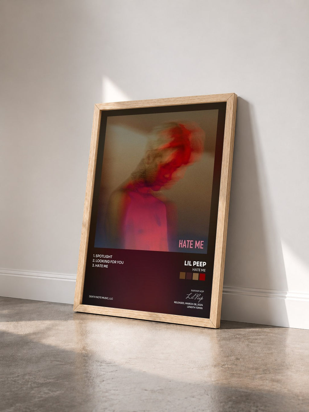#bois Tableau de l'album HATE ME de Lil Peep vu de trois quarts, cadre en bois brut