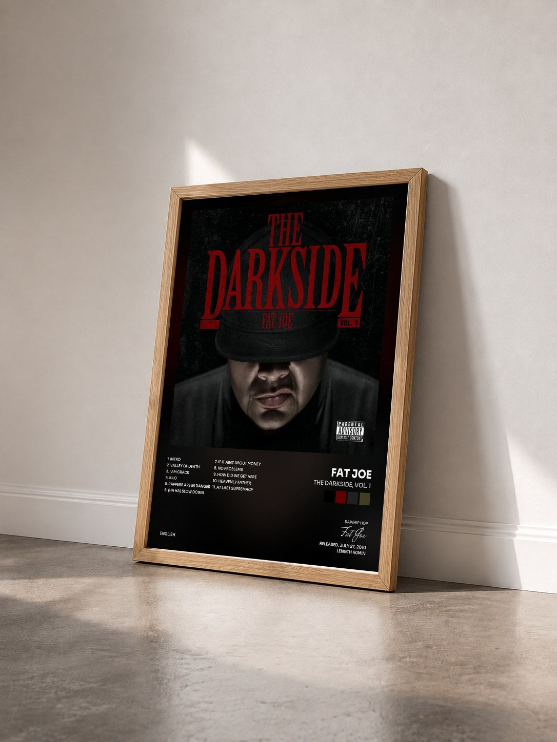 #bois Tableau de l'album The Darkside, Vol. 1 de Fat Joe vu de trois quarts, cadre en bois brut