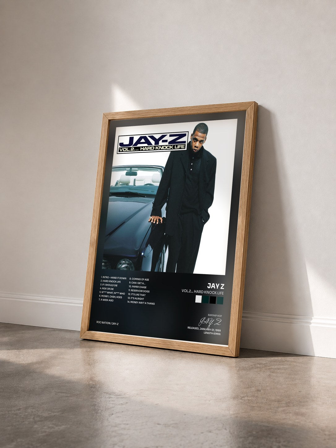 #bois Tableau de l'album Vol.2... Hard Knock Life de JAY Z vu de trois quarts, cadre en bois brut