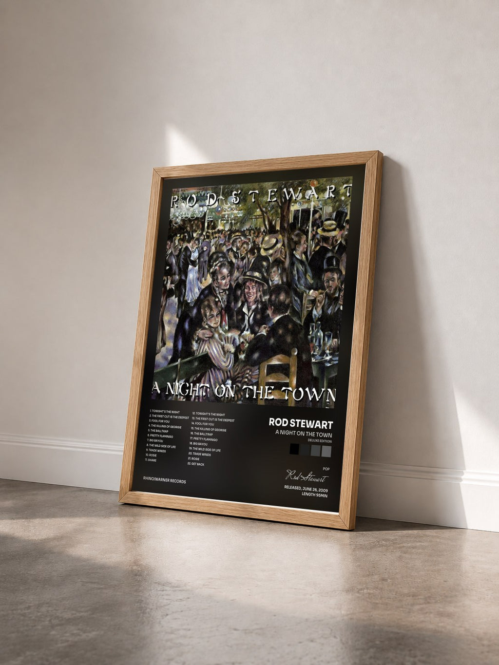 #bois Tableau de l'album A Night on the Town (Deluxe Edition) de Rod Stewart vu de trois quarts, cadre en bois brut
