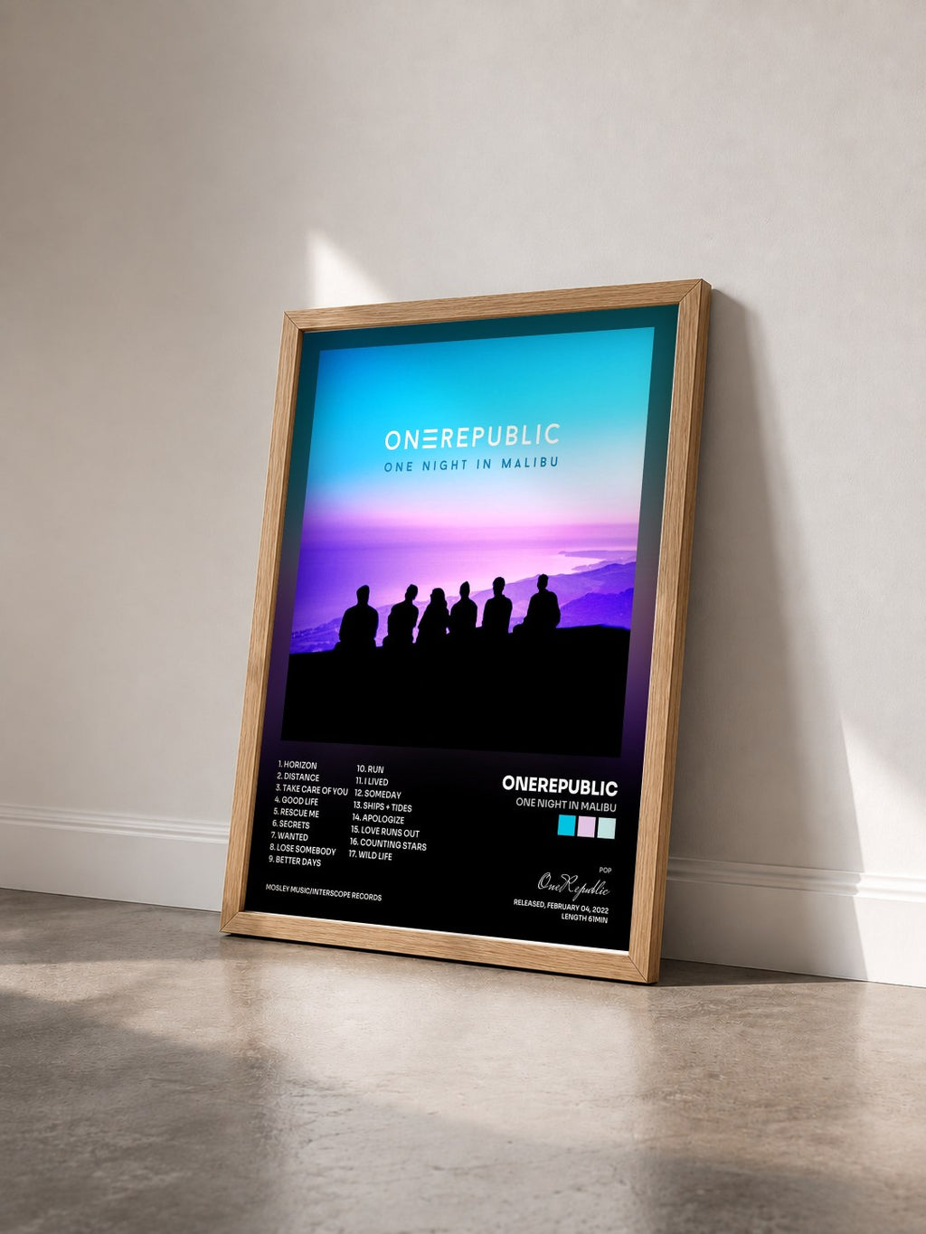 #bois Tableau de l'album One Night In Malibu de OneRepublic vu de trois quarts, cadre en bois brut