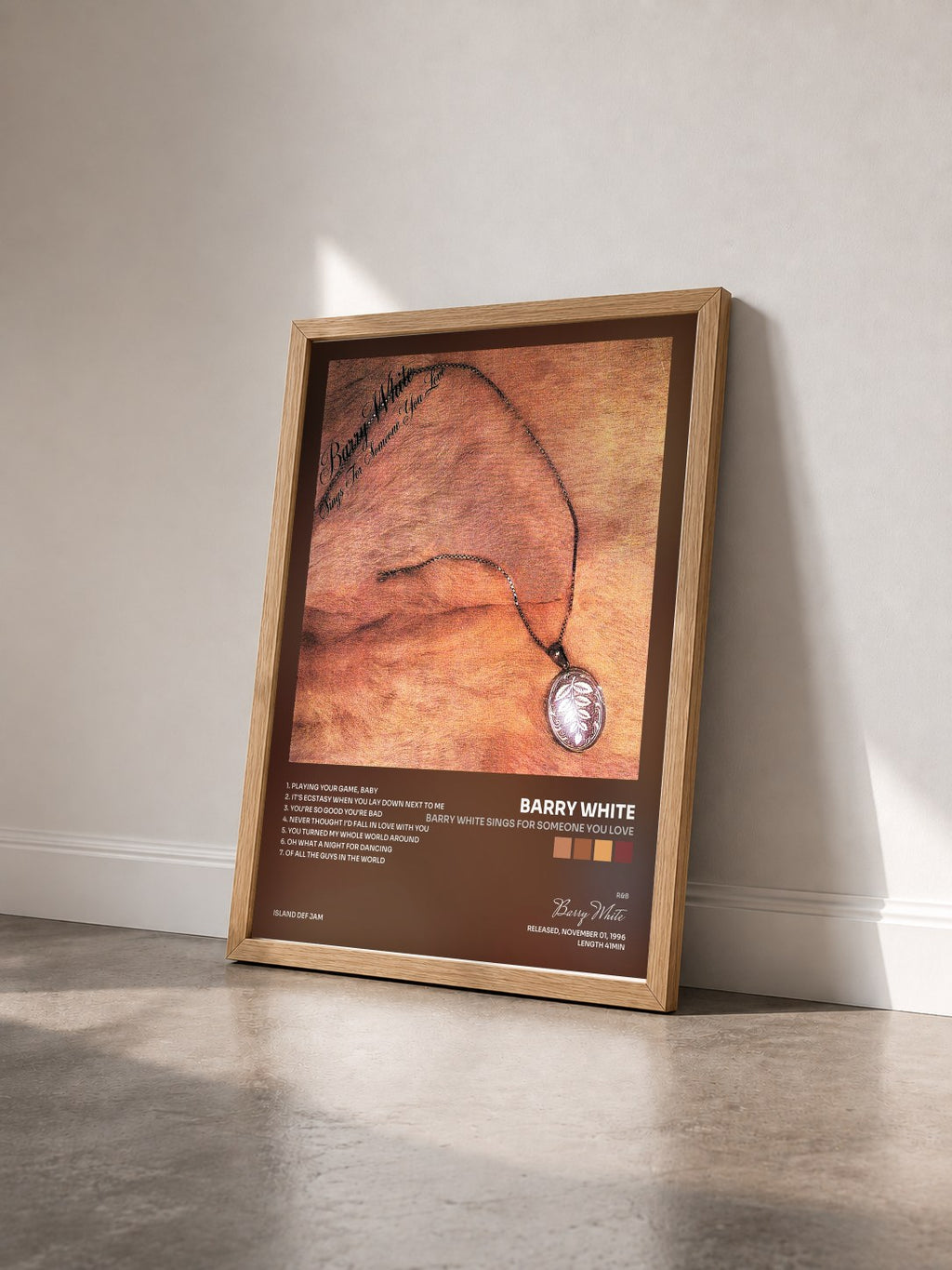 #bois Tableau de l'album Barry White Sings For Someone You Love de Barry White vu de trois quarts, cadre en bois brut