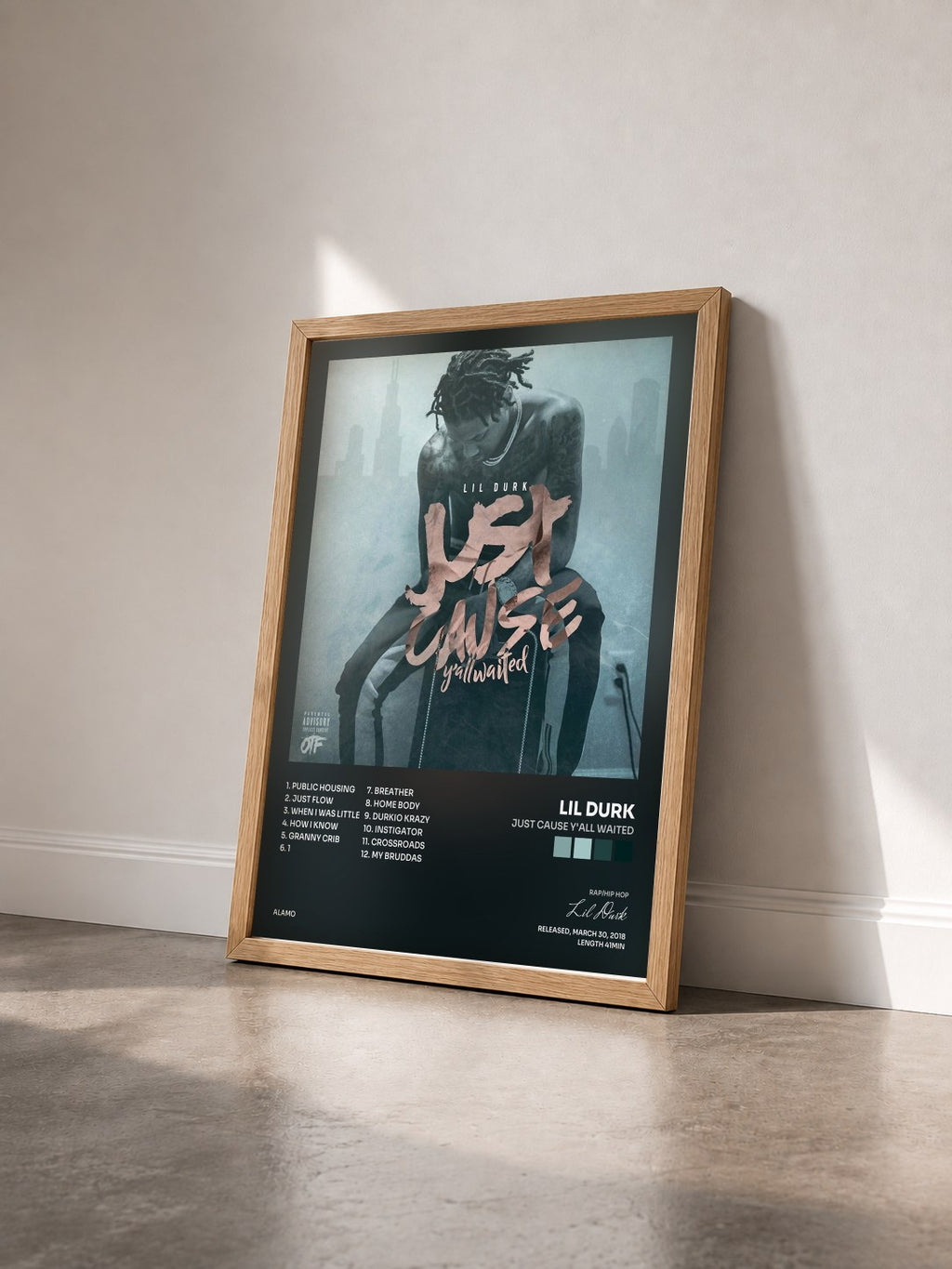 #bois Tableau de l'album Just Cause Yall Waited de Lil Durk vu de trois quarts, cadre en bois brut