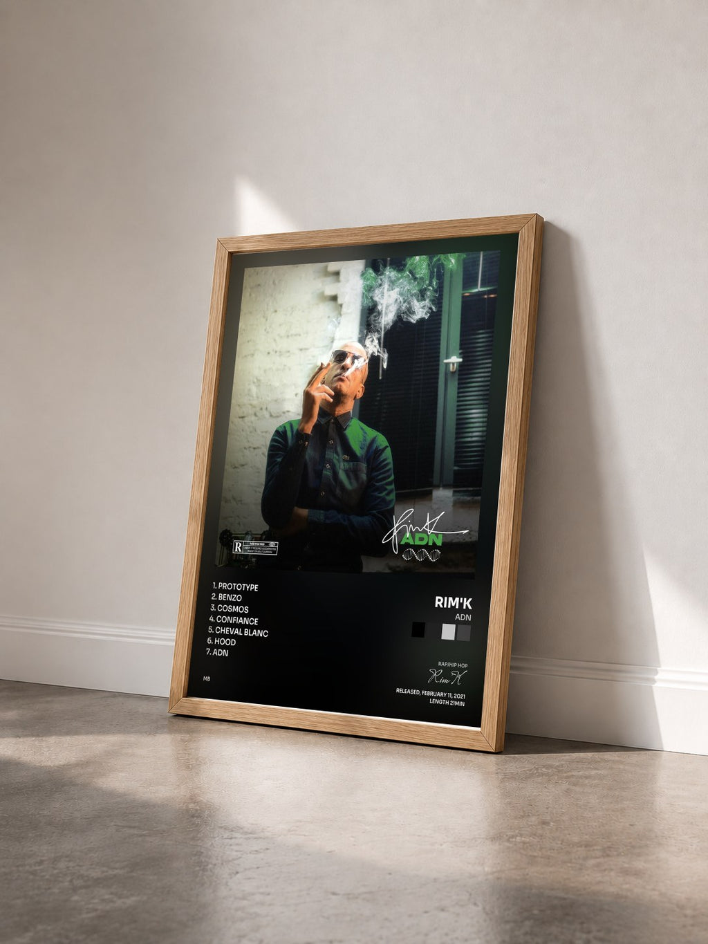 #bois Tableau de l'album ADN de Rim'K vu de trois quarts, cadre en bois brut