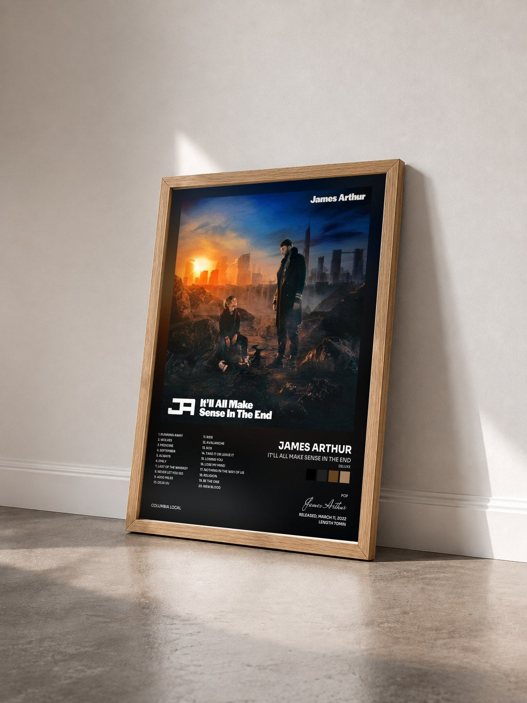 #bois Tableau de l'album It'll All Make Sense In The End (Deluxe) de James Arthur vu de trois quarts, cadre en bois brut
