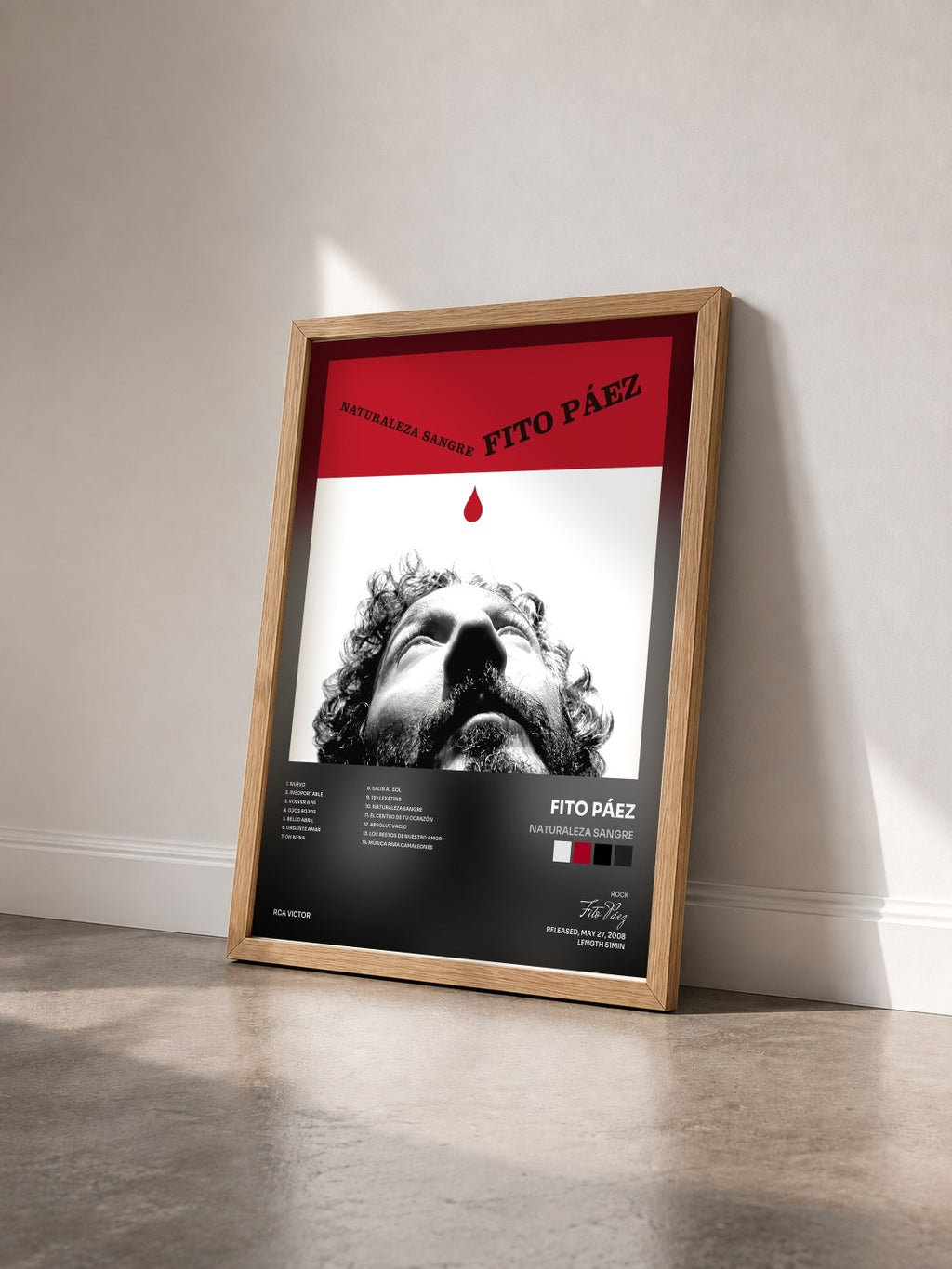 #bois Tableau de l'album Naturaleza Sangre de Fito Páez vu de trois quarts, cadre en bois brut