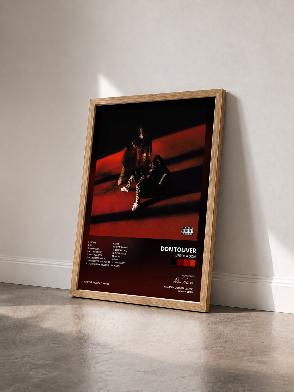 #bois Tableau de l'album Life of a DON de Don Toliver vu de trois quarts, cadre en bois brut