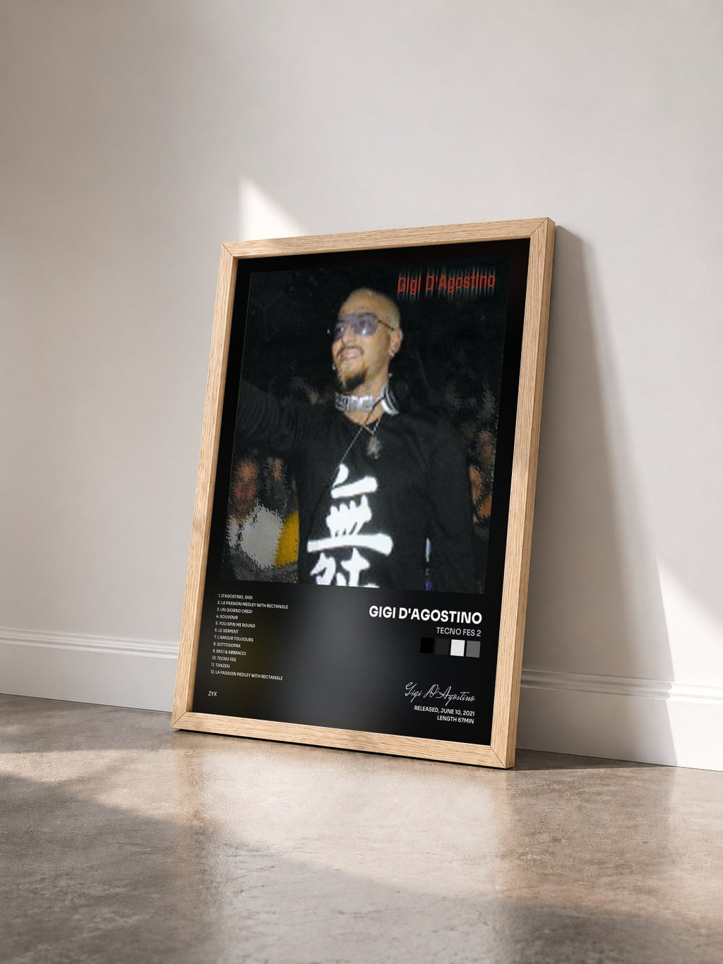 #bois Tableau de l'album Tecno Fes 2 de Gigi D'Agostino vu de trois quarts, cadre en bois brut