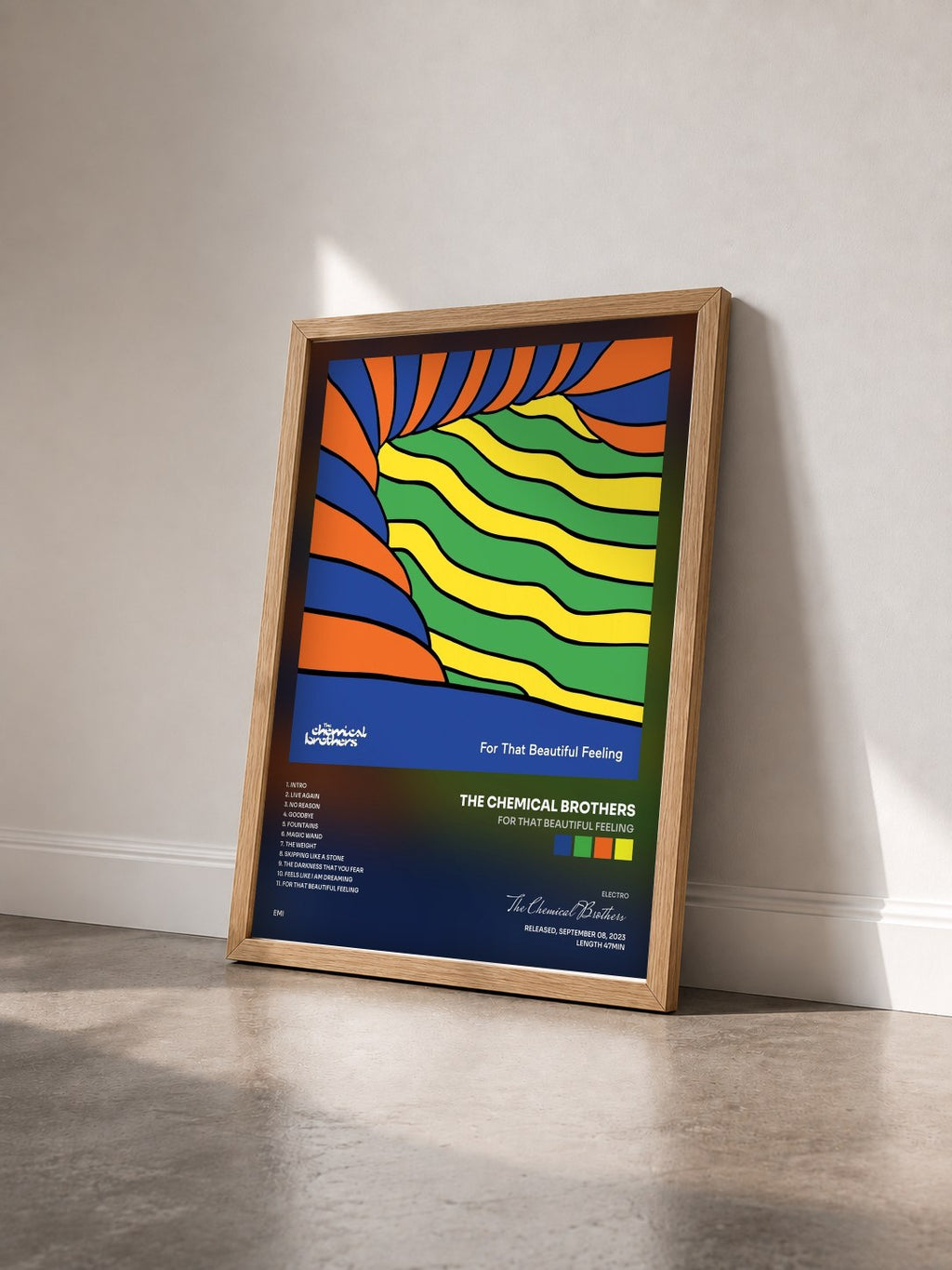 #bois Tableau de l'album For That Beautiful Feeling de The Chemical Brothers vu de trois quarts, cadre en bois brut