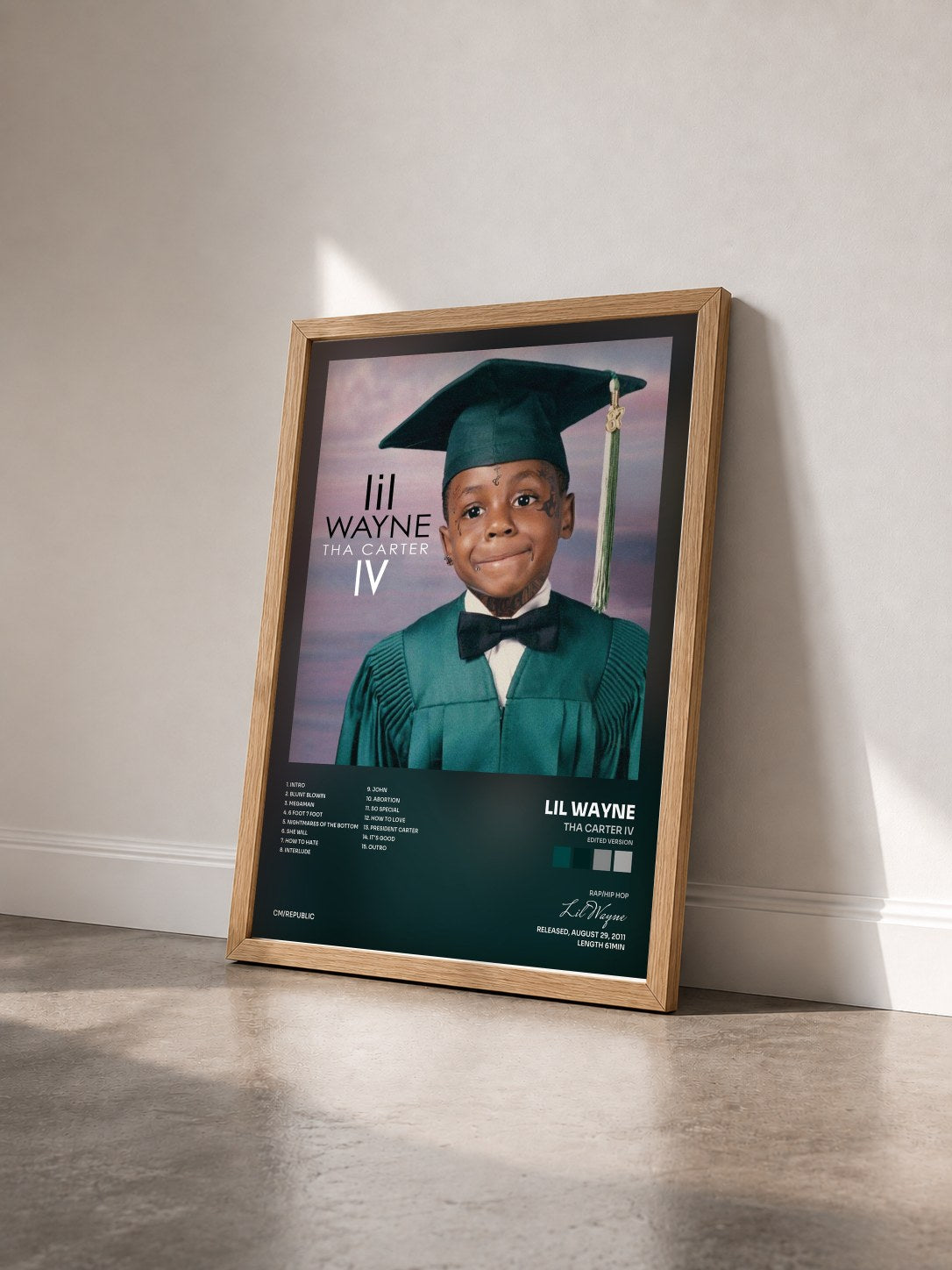 #bois Tableau de l'album Tha Carter IV (Edited Version) de Lil Wayne vu de trois quarts, cadre en bois brut