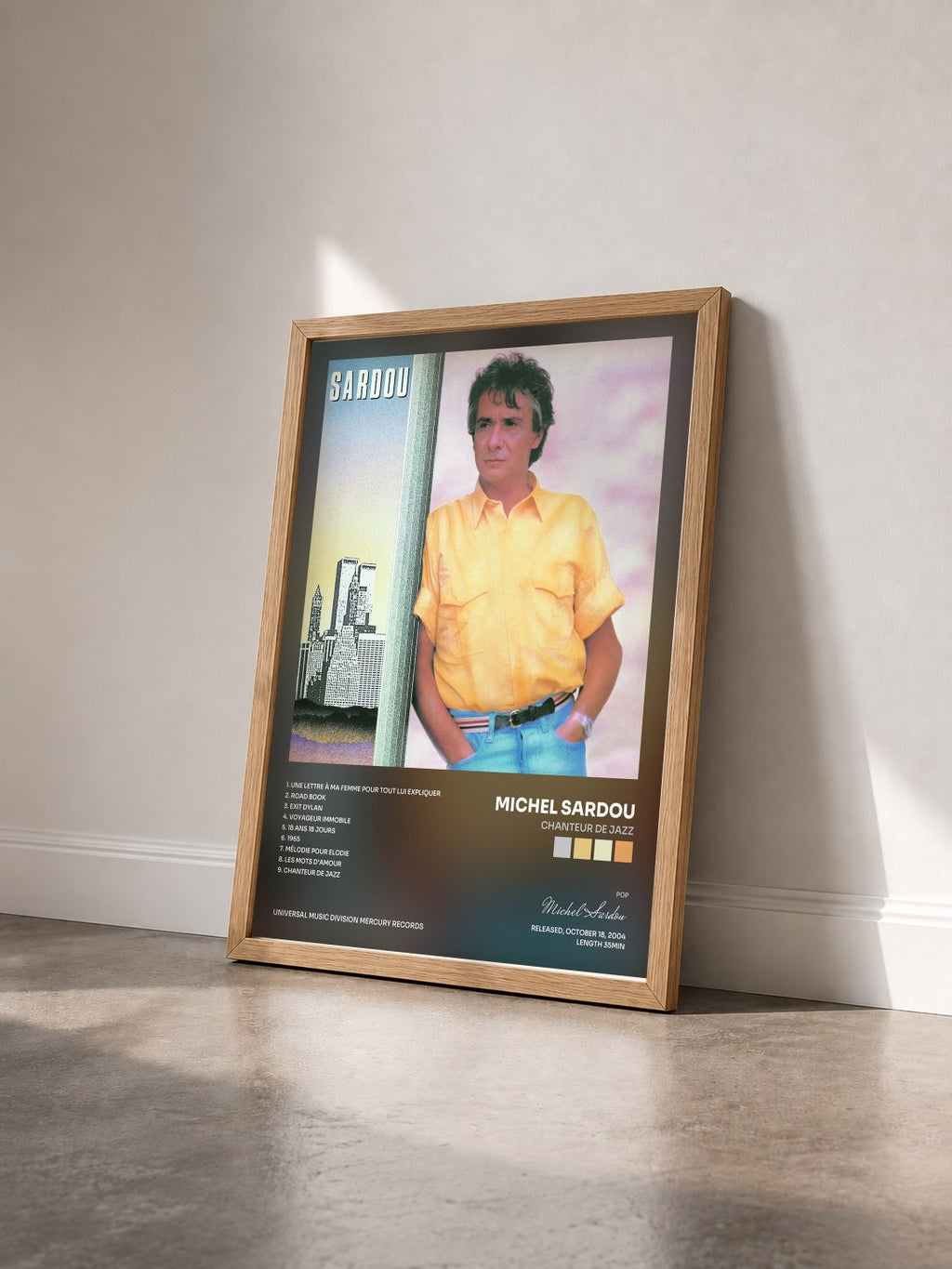 #bois Tableau de l'album Chanteur De Jazz de Michel Sardou vu de trois quarts, cadre en bois brut