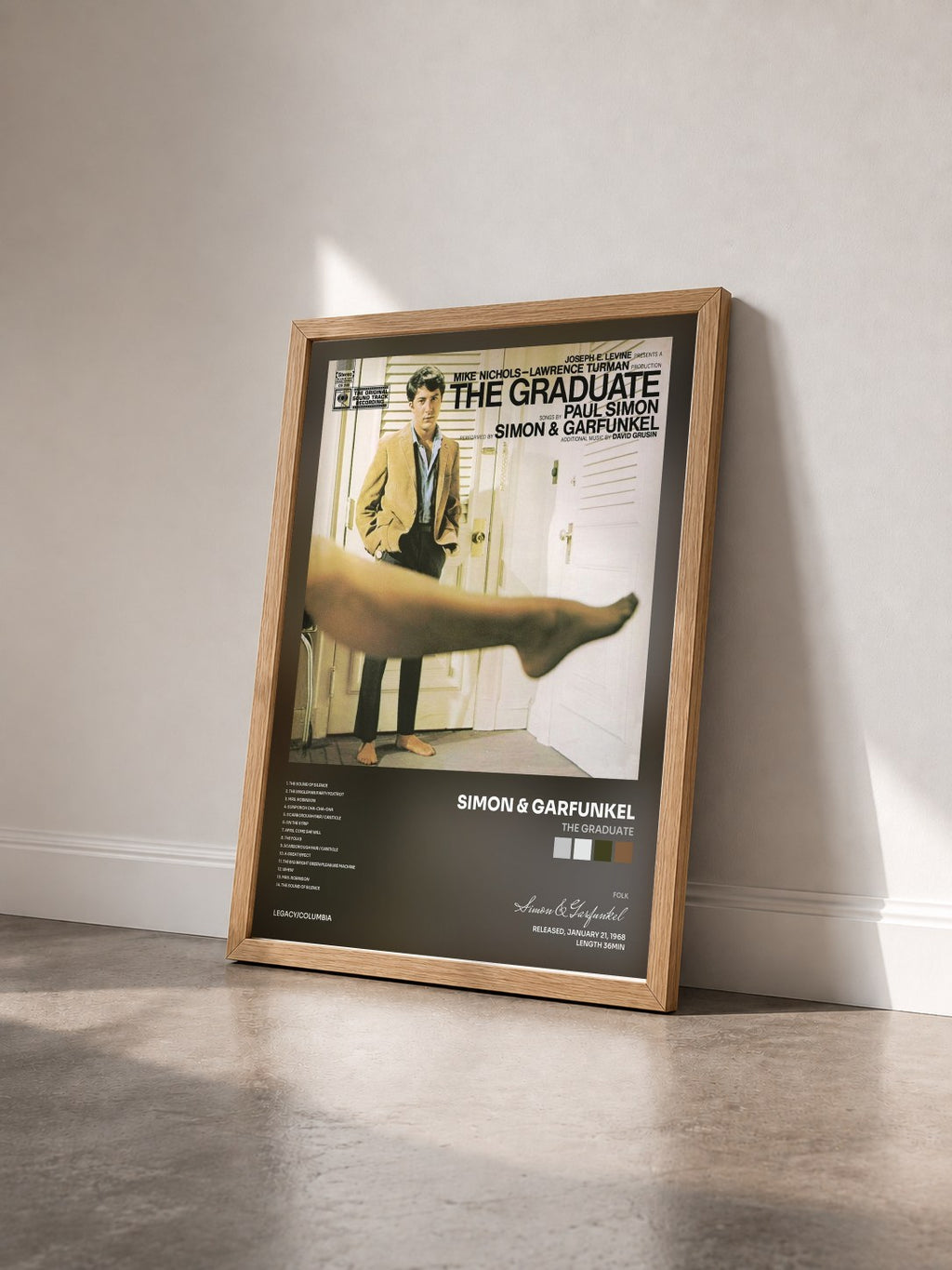 #bois Tableau de l'album The Graduate de Simon & Garfunkel vu de trois quarts, cadre en bois brut