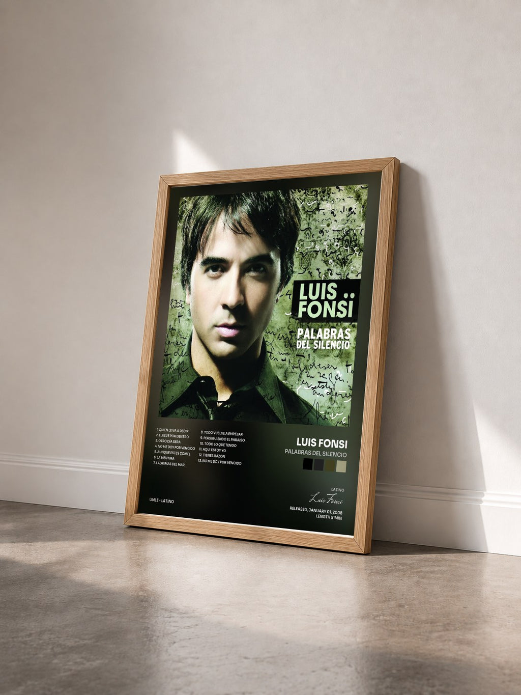 #bois Tableau de l'album Palabras Del Silencio de Luis Fonsi vu de trois quarts, cadre en bois brut