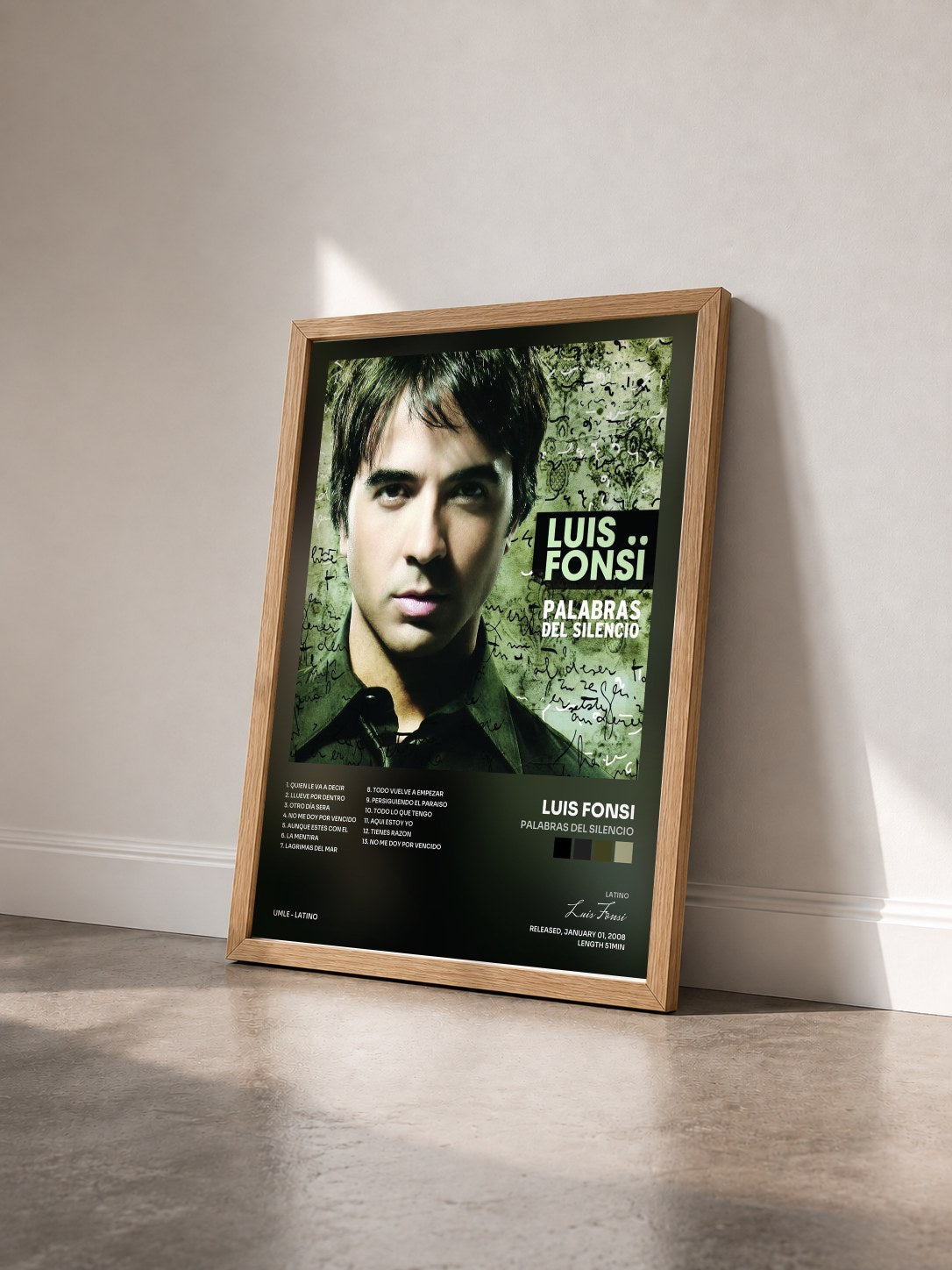 #bois Tableau de l'album Palabras Del Silencio de Luis Fonsi vu de trois quarts, cadre en bois brut