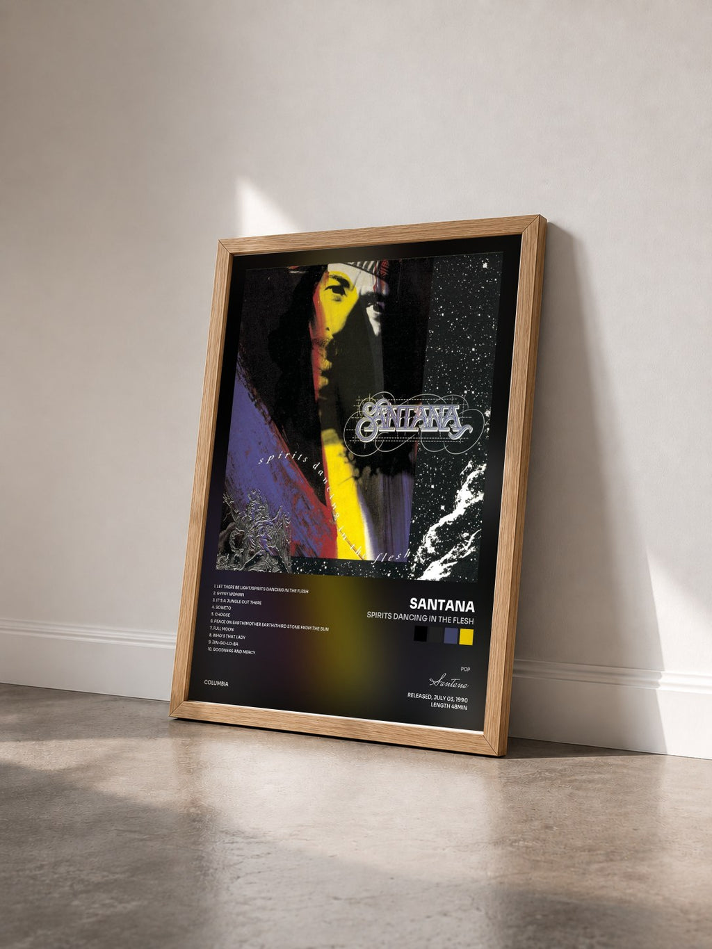 #bois Tableau de l'album Spirits Dancing In The Flesh de Santana vu de trois quarts, cadre en bois brut