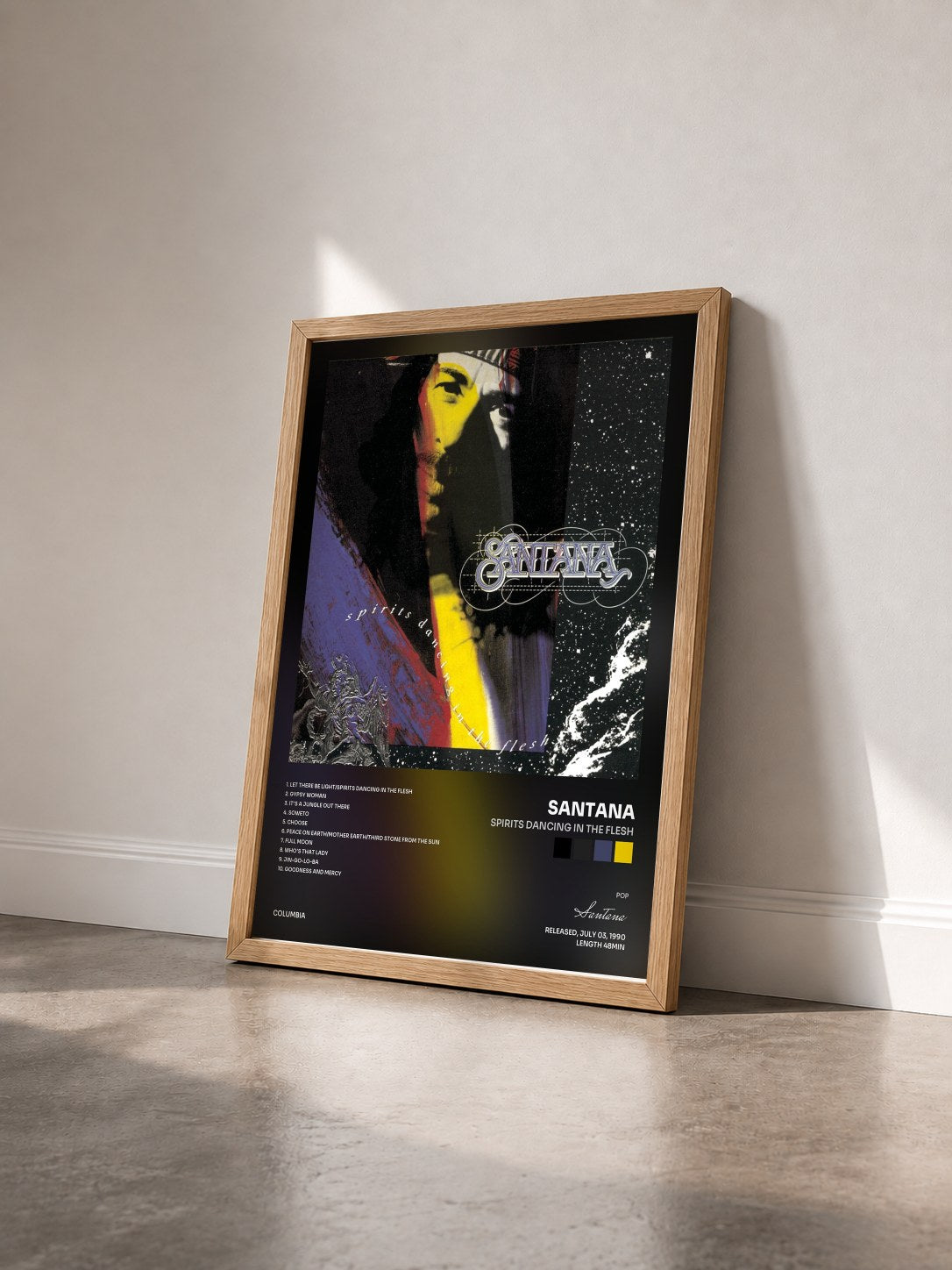 #bois Tableau de l'album Spirits Dancing In The Flesh de Santana vu de trois quarts, cadre en bois brut