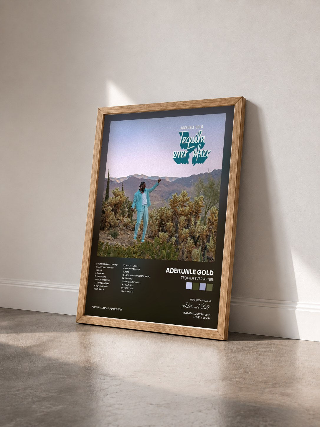 #bois Tableau de l'album Tequila Ever After de Adekunle Gold vu de trois quarts, cadre en bois brut