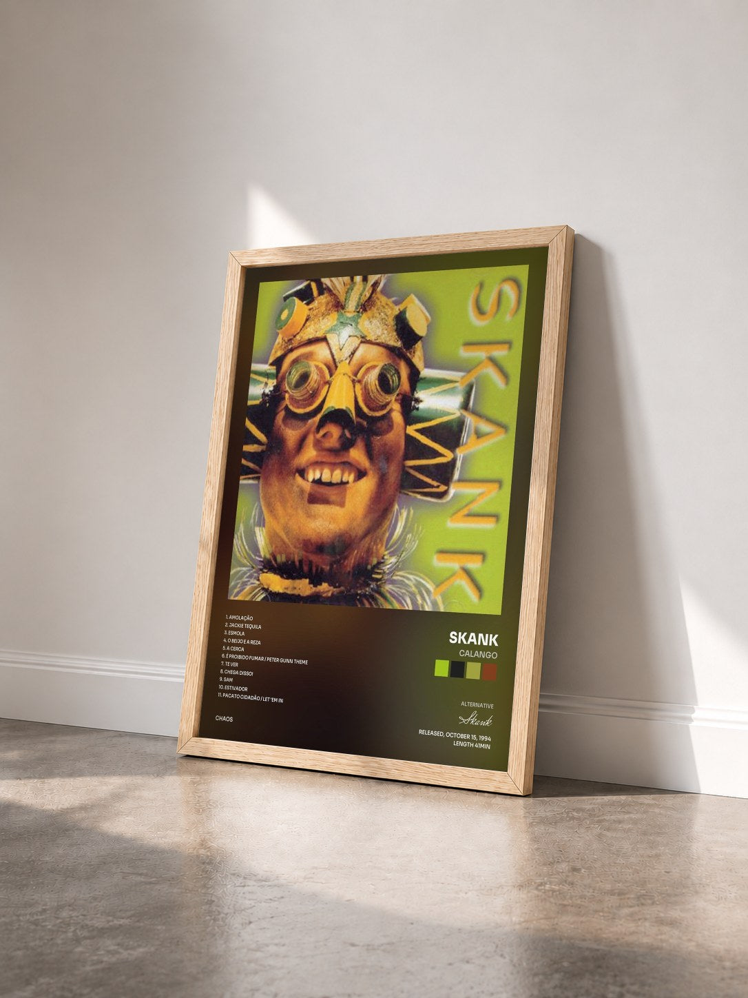 #bois Tableau de l'album Calango de Skank vu de trois quarts, cadre en bois brut