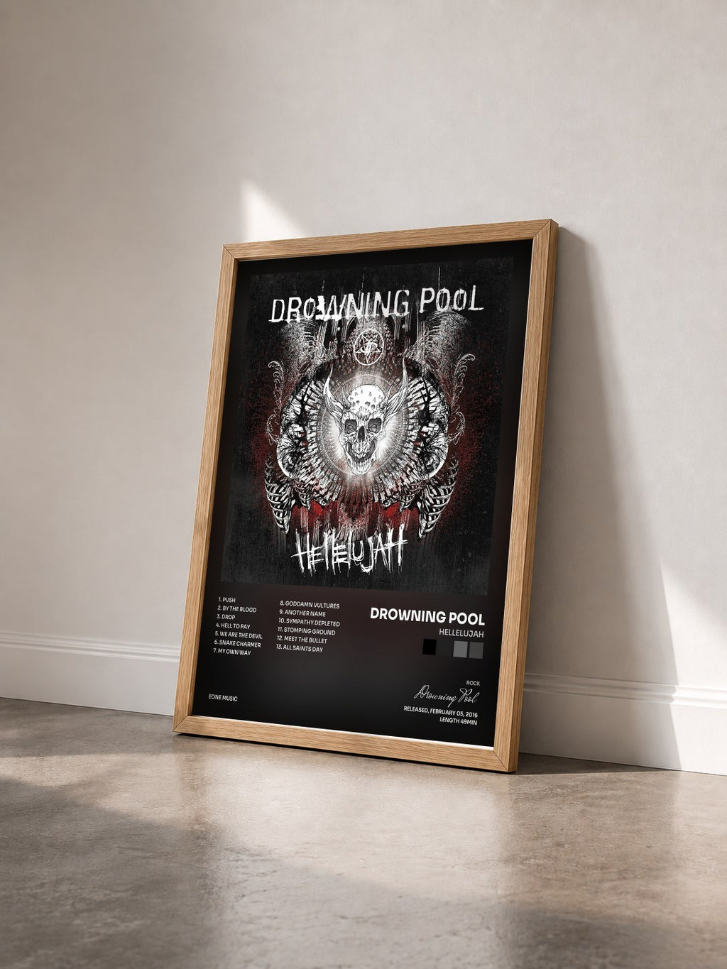 #bois Tableau de l'album Hellelujah de Drowning Pool vu de trois quarts, cadre en bois brut