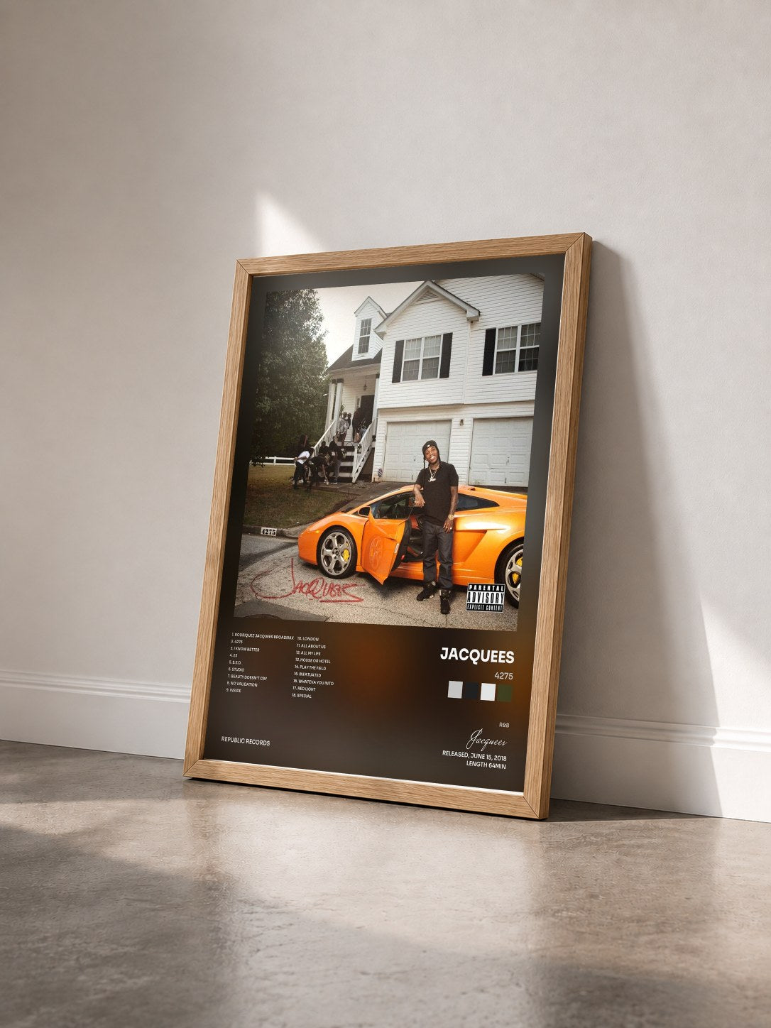 #bois Tableau de l'album 4275 de Jacquees vu de trois quarts, cadre en bois brut