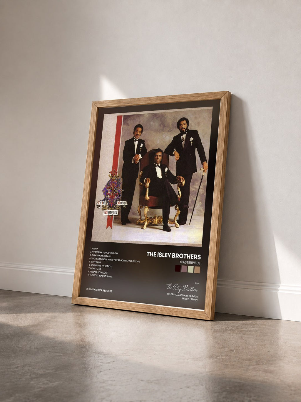 #bois Tableau de l'album Masterpiece de The Isley Brothers vu de trois quarts, cadre en bois brut