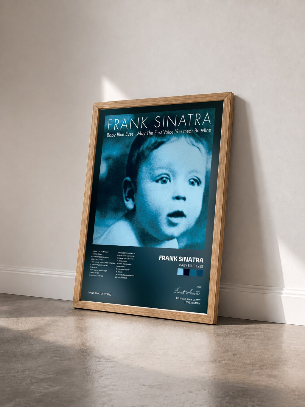 #bois Tableau de l'album Baby Blue Eyes de Frank Sinatra vu de trois quarts, cadre en bois brut