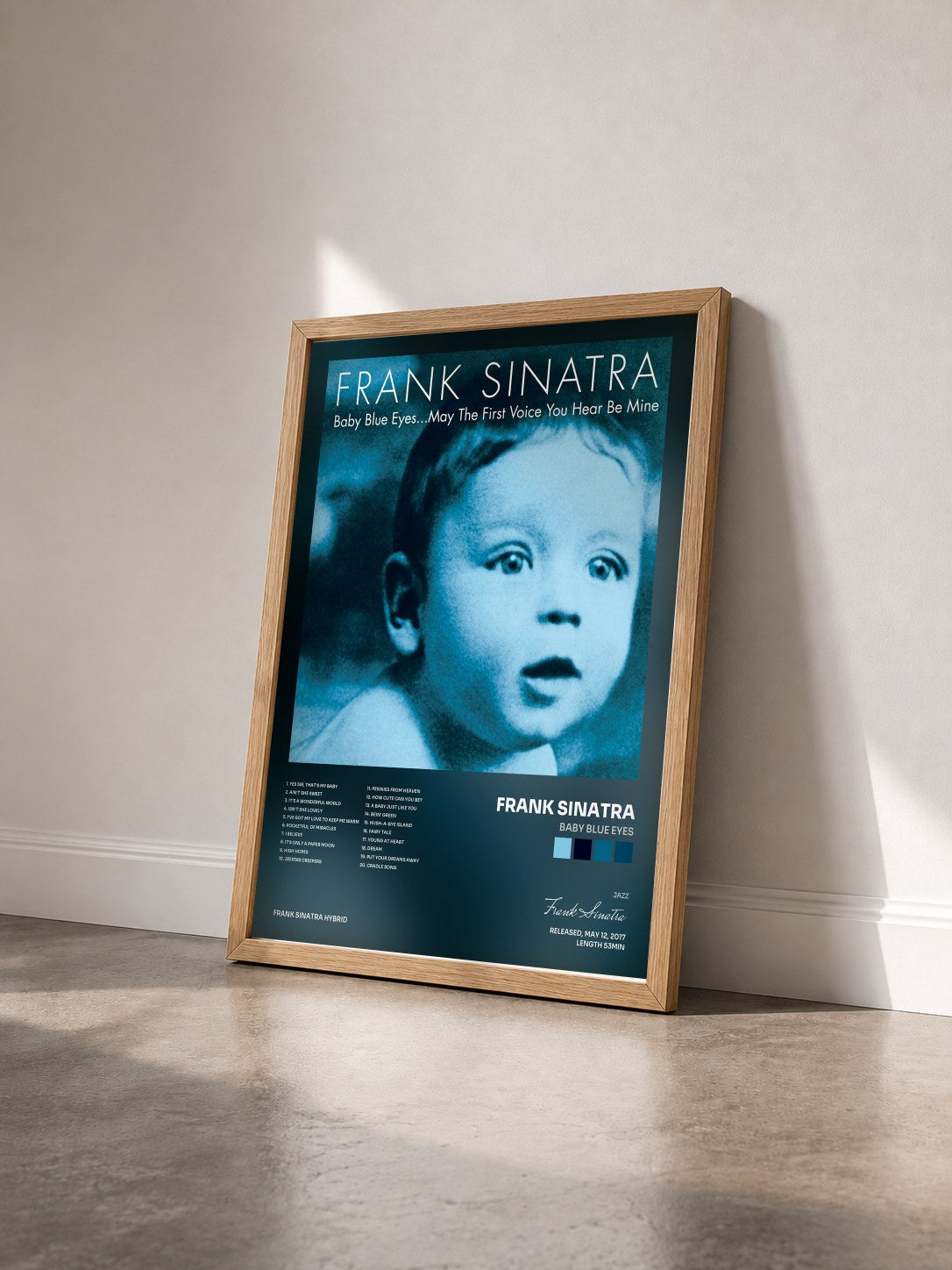 #bois Tableau de l'album Baby Blue Eyes de Frank Sinatra vu de trois quarts, cadre en bois brut