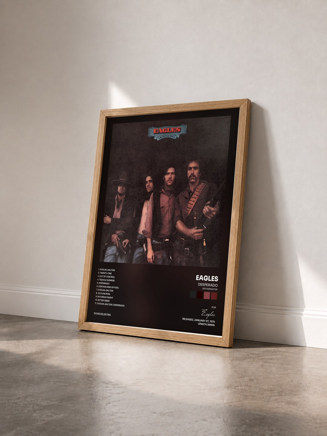 #bois Tableau de l'album Desperado (2013 Remaster) de Eagles vu de trois quarts, cadre en bois brut