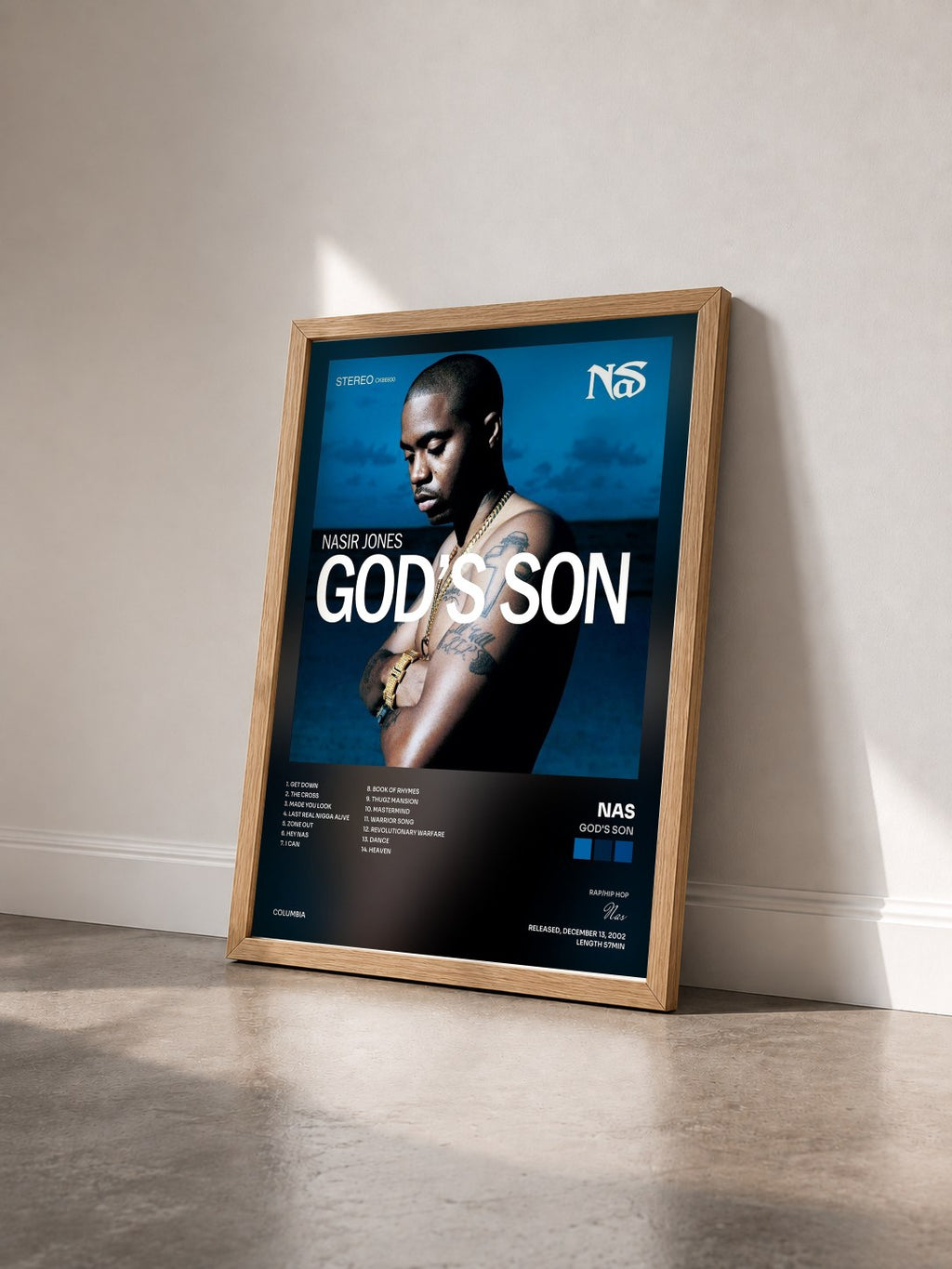#bois Tableau de l'album God's Son de Nas vu de trois quarts, cadre en bois brut
