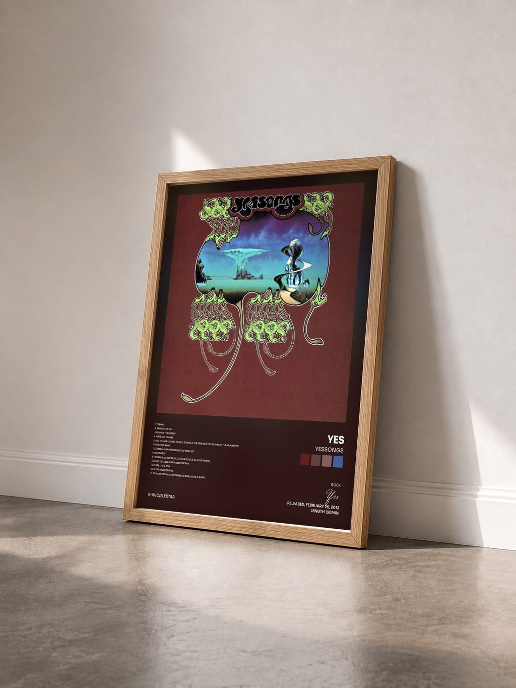 #bois Tableau de l'album Yessongs de Yes vu de trois quarts, cadre en bois brut