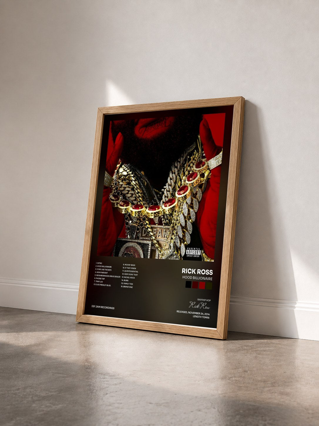 #bois Tableau de l'album Hood Billionaire de Rick Ross vu de trois quarts, cadre en bois brut