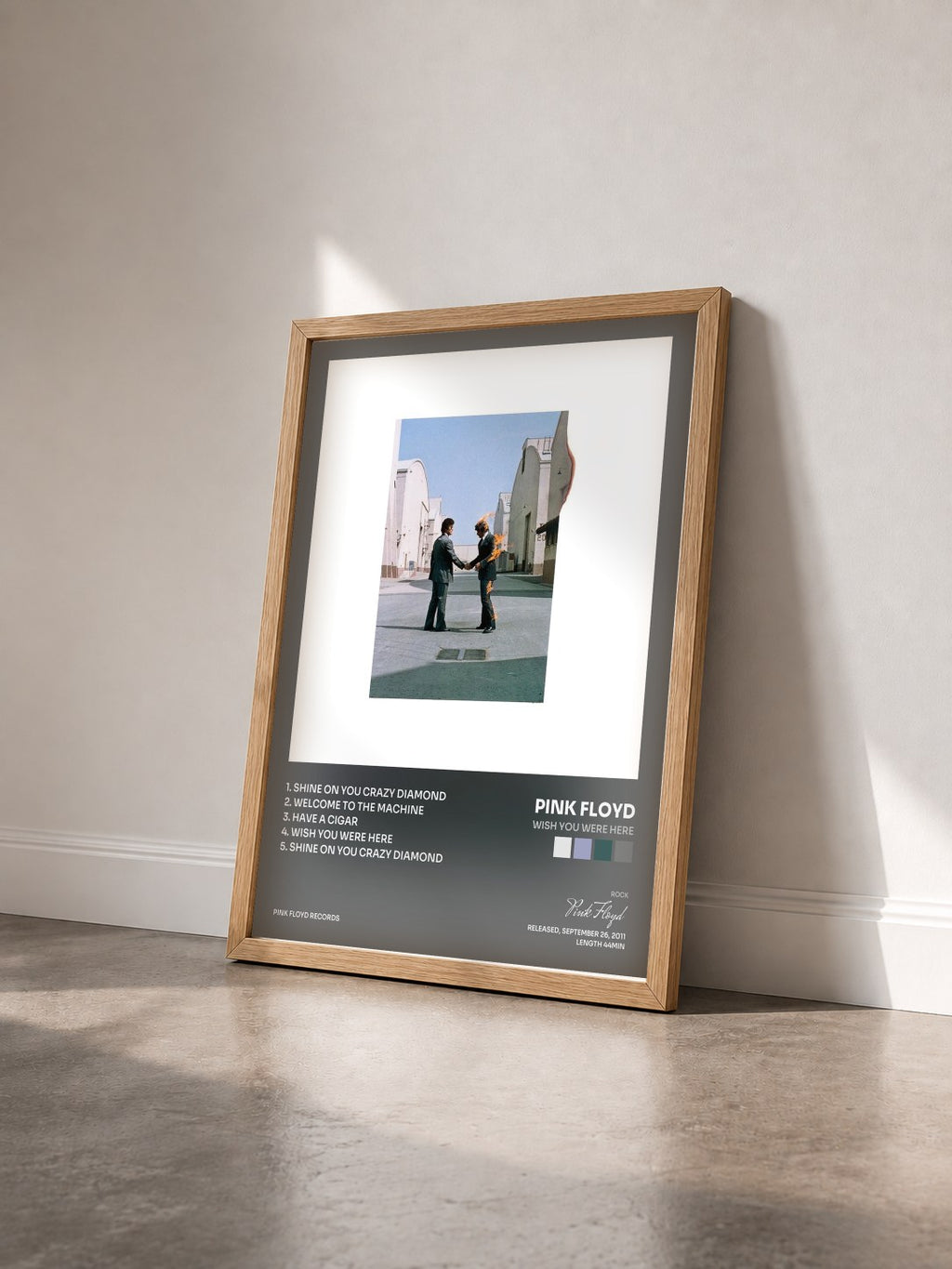 #bois Tableau de l'album Wish You Were Here de Pink Floyd vu de trois quarts, cadre en bois brut